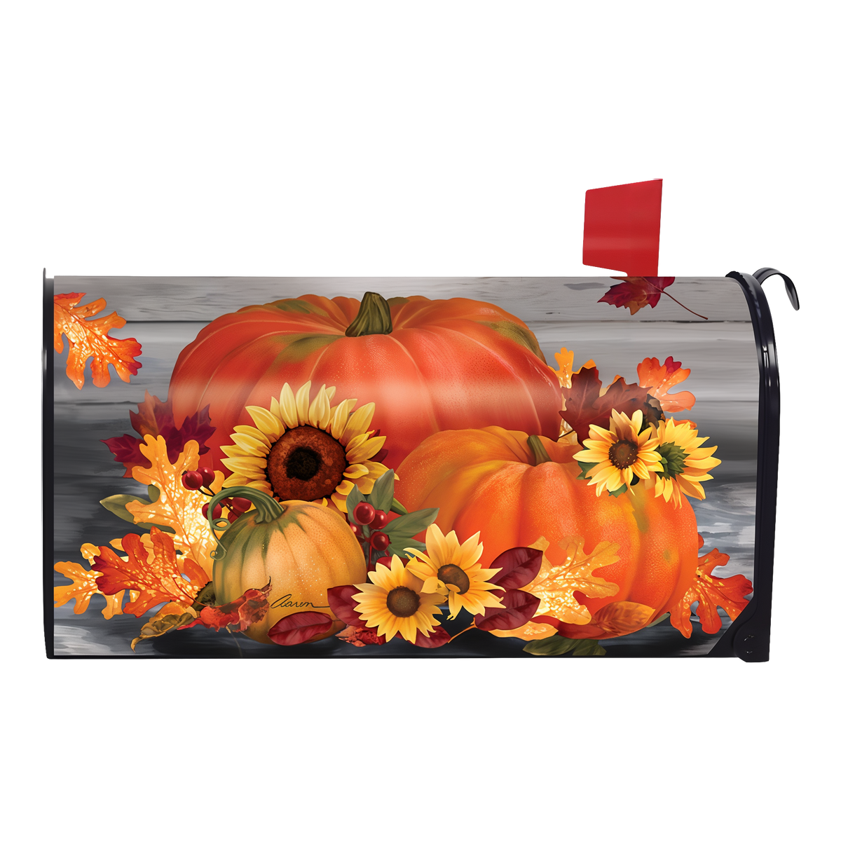 Briarwood Lane Autumn Pumpkin Trio Mailbox Cover -- magnetic mailbox cover shown on a standard steel mailbox