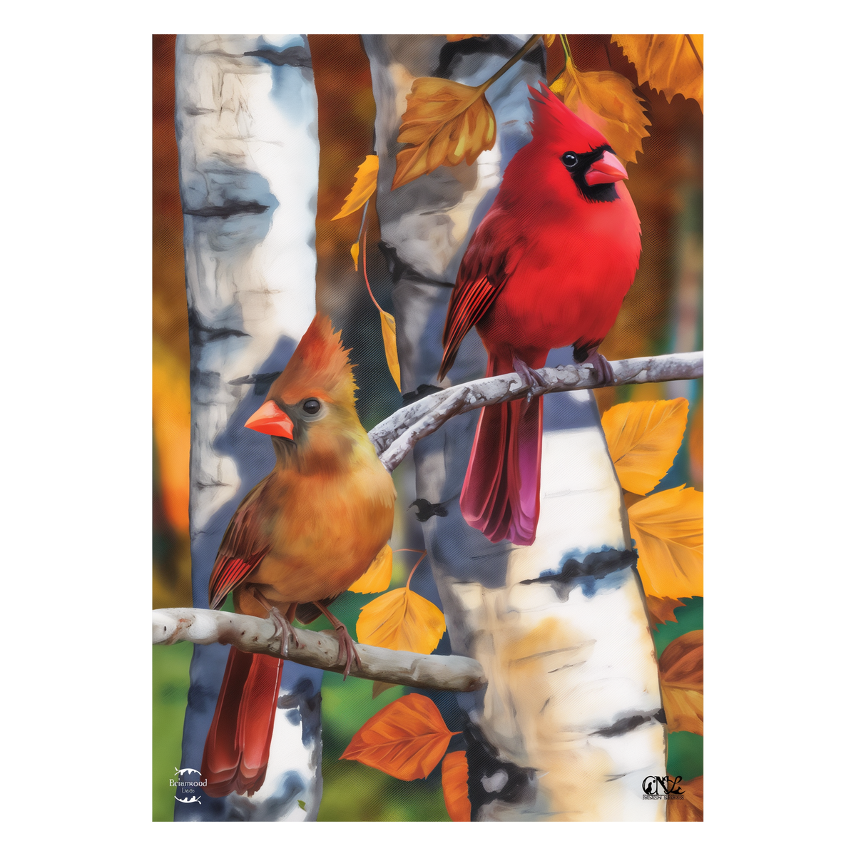 Briarwood Lane Birch Tree Cardinals Fall Garden Flag -- artwork detail view
