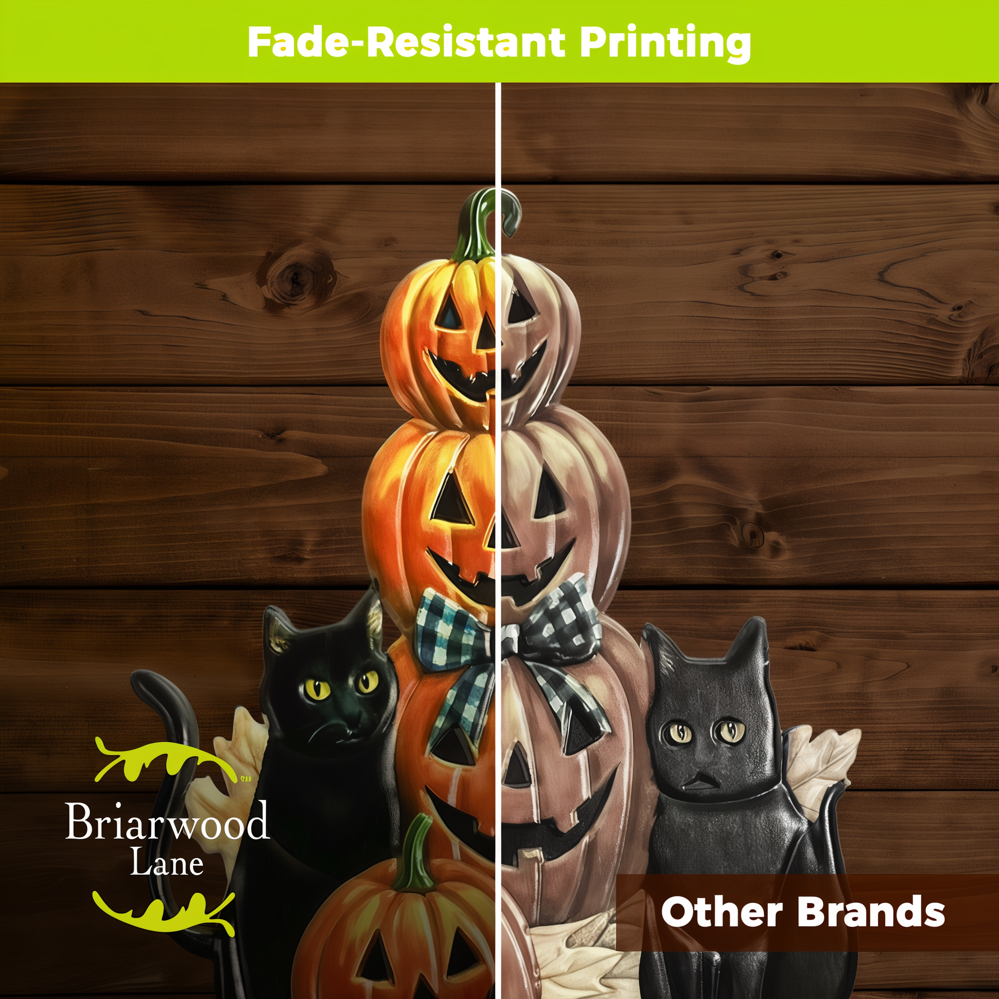 Fade-resistant printing on the Black Cat Pumpkin Stack design compared with other brands