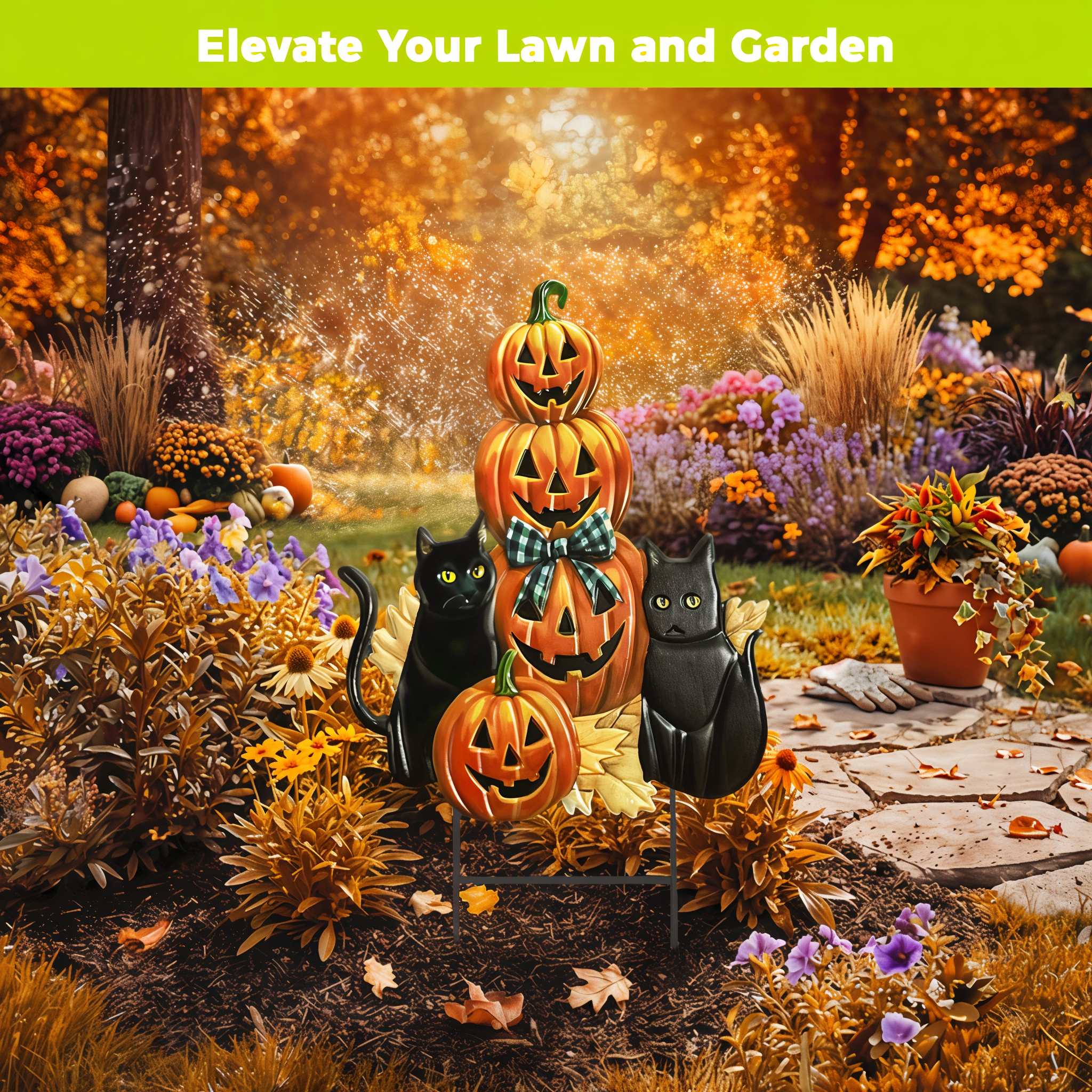 Briarwood Lane Black Cat Pumpkin Stack metal yard art displayed in an autumn garden