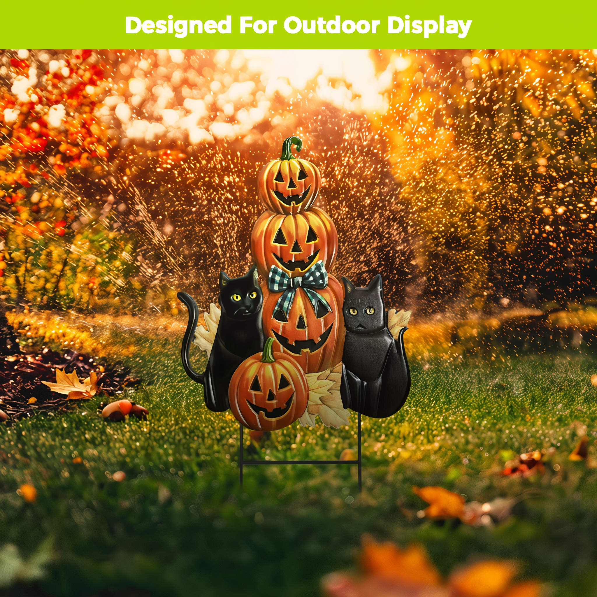 Briarwood Lane Black Cat Pumpkin Stack metal yard art staked in a lawn at golden hour, designed for outdoor display