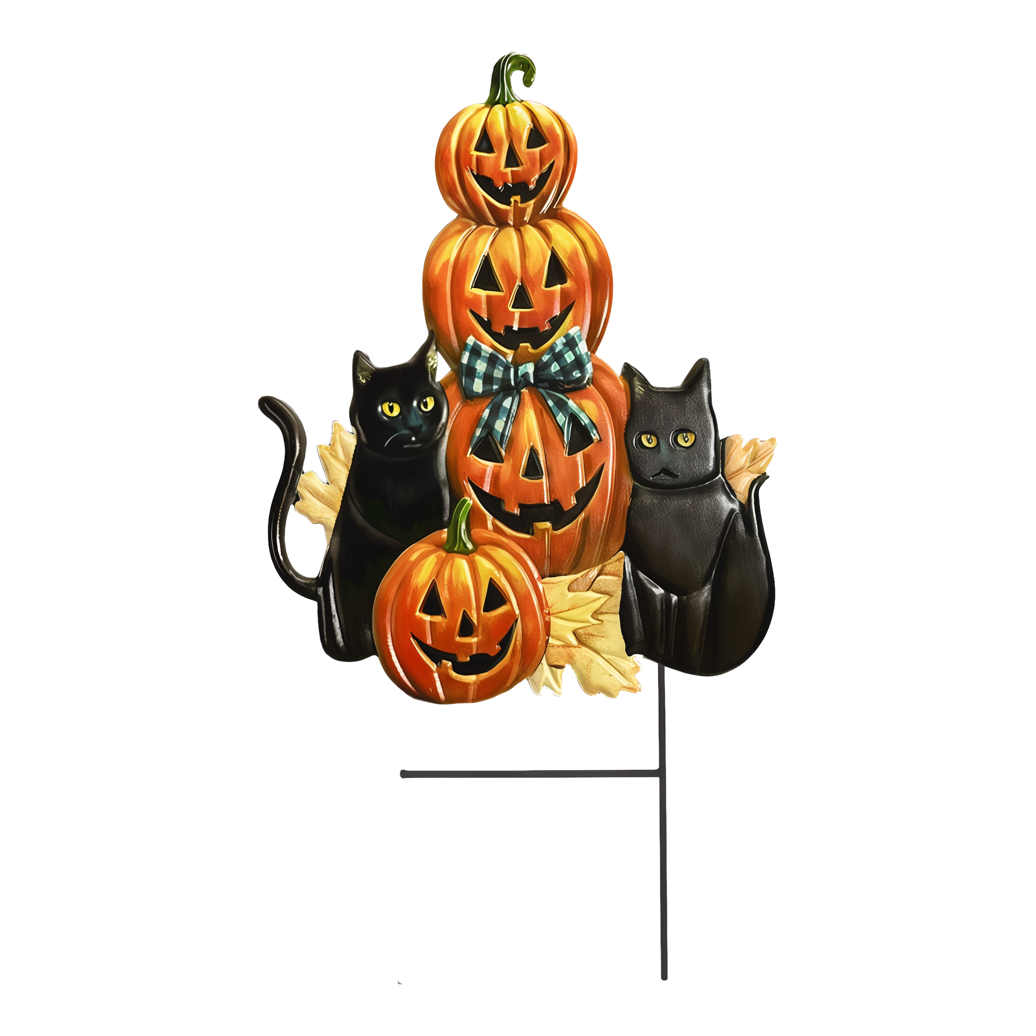 Briarwood Lane Black Cat Pumpkin Stack sculpted metal yard art -- two black cats beside a stacked jack-o'-lantern tower with a plaid bow