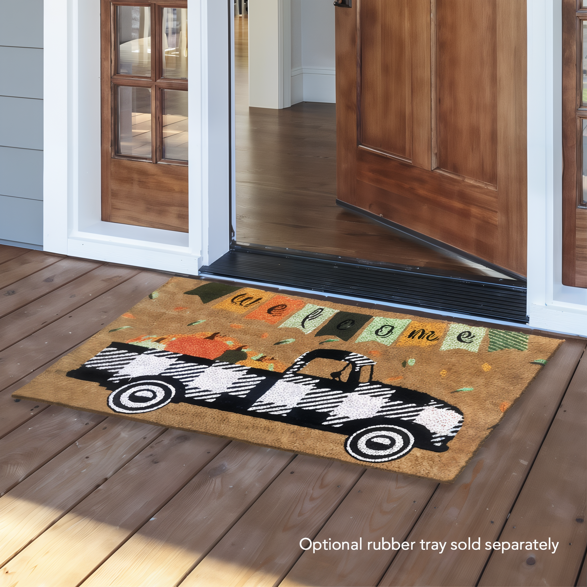 Briarwood Lane Black Checkered Truck Fall Natural Fiber Coir Doormat -- detail view