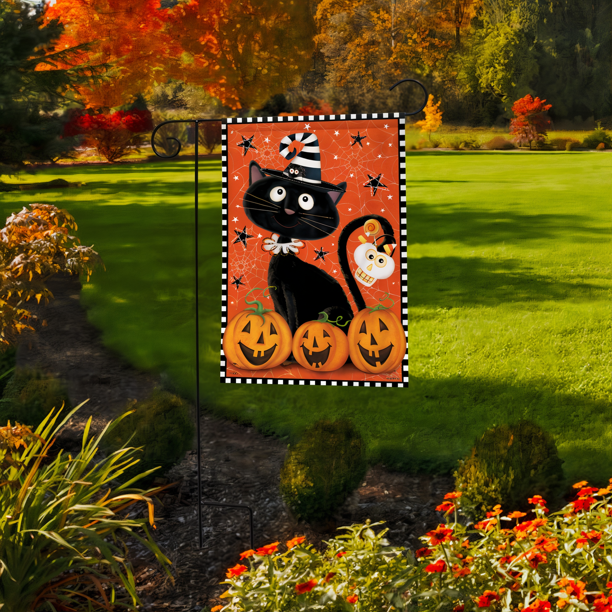 Briarwood Lane Black Kitty Halloween Flag Garden Flag -- garden flag displayed outdoors