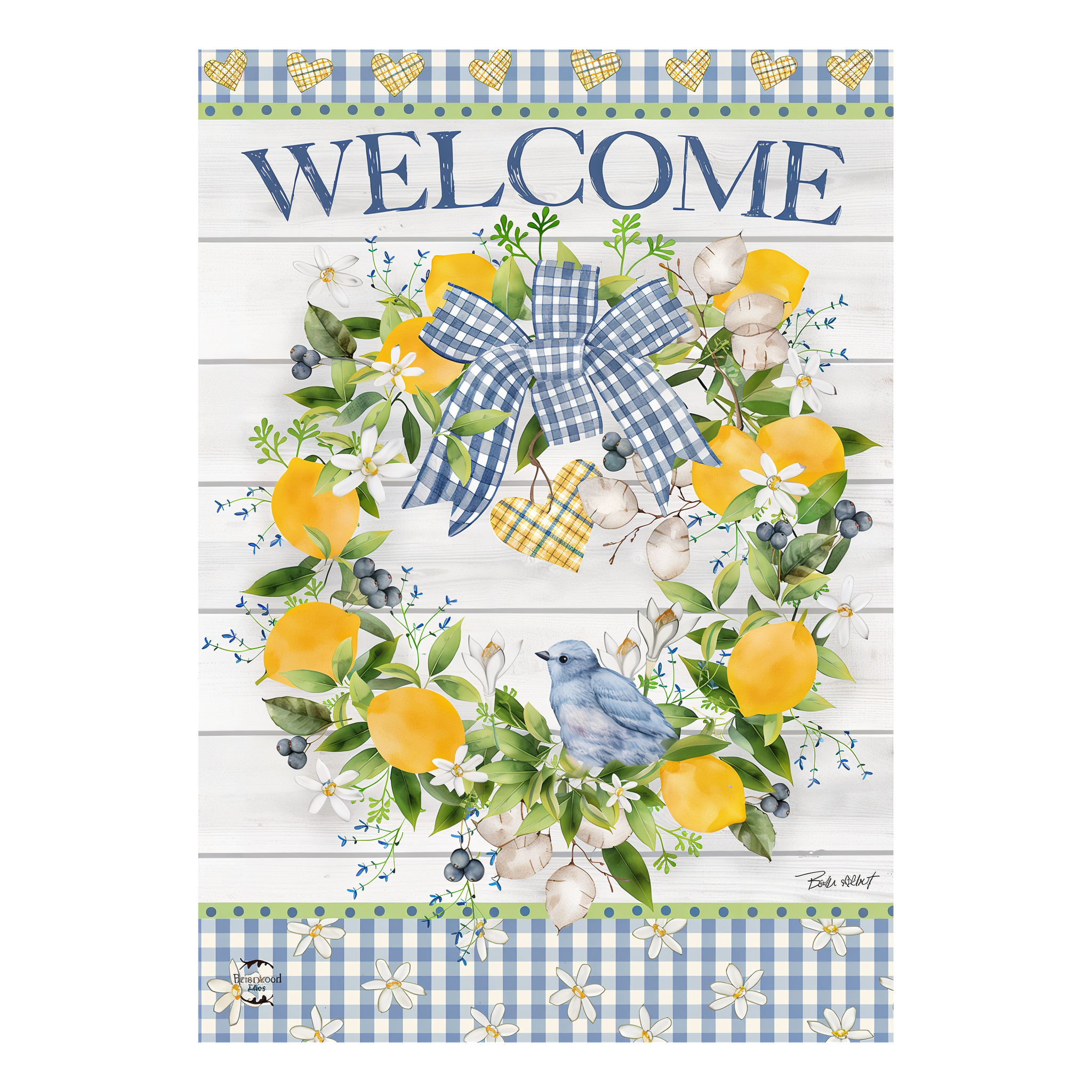 Briarwood Lane Bluebird Lemon Wreath Garden Flag -- detail view