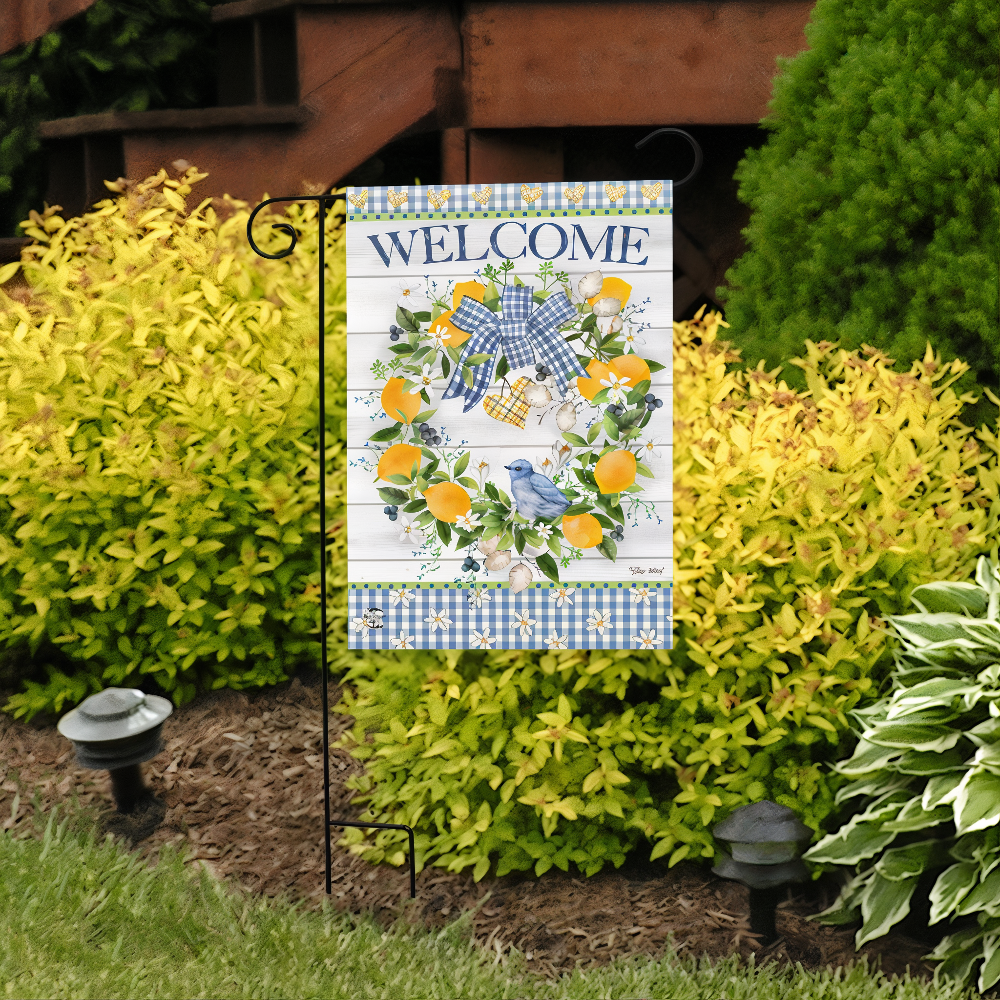 Briarwood Lane Bluebird Lemon Wreath Garden Flag -- detail view