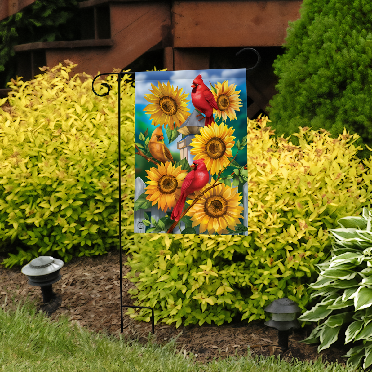 Briarwood Lane Cardinals And Sunflowers Summer Garden Flag -- garden flag displayed outdoors