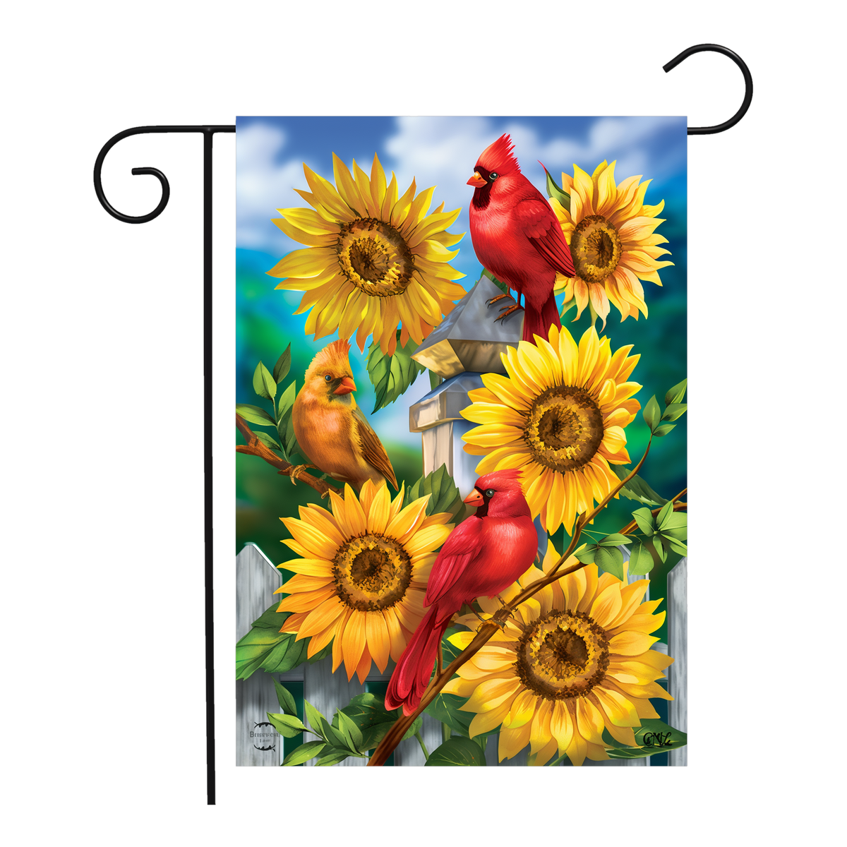 Briarwood Lane Cardinals And Sunflowers Summer Garden Flag -- garden flag shown on a garden flag stand