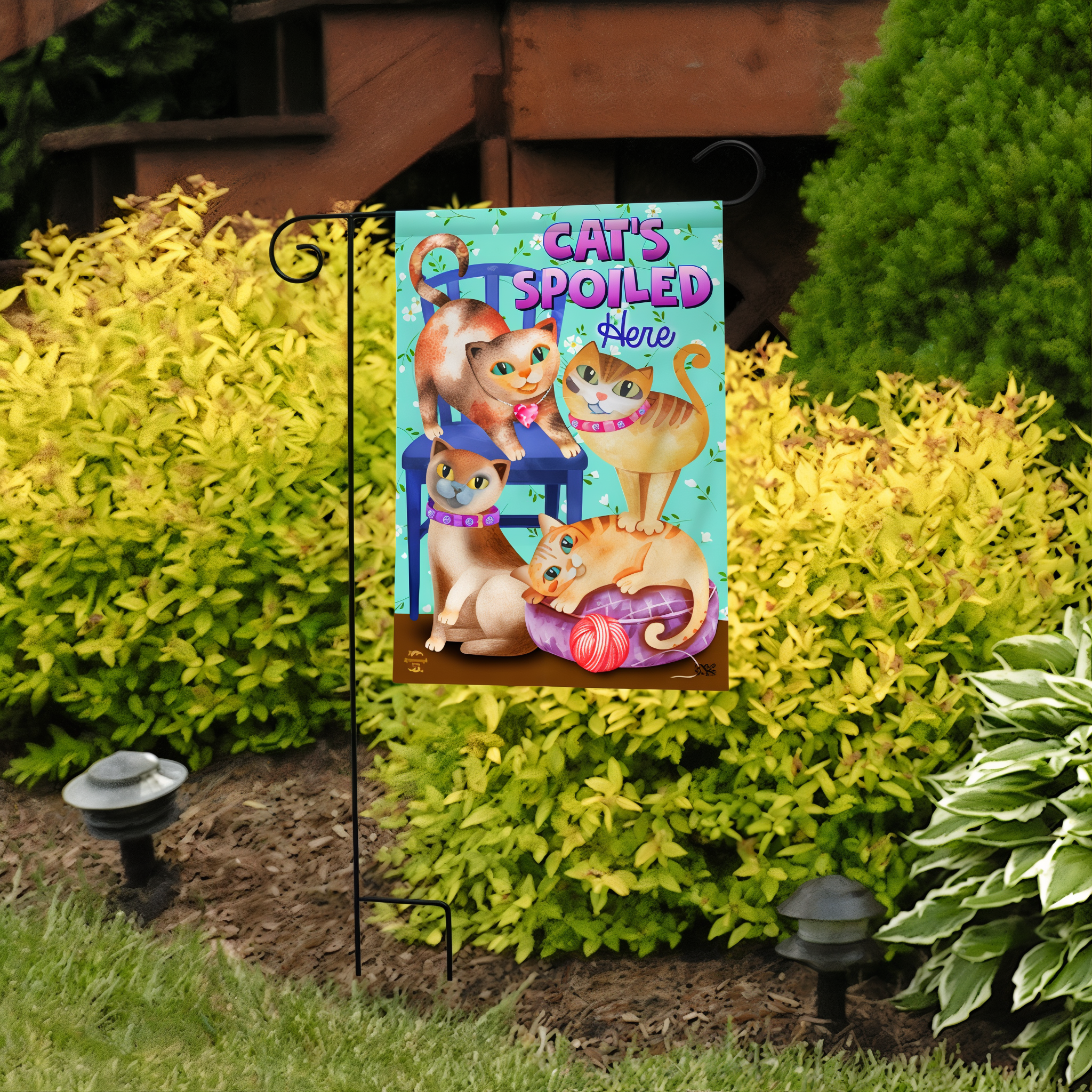 Briarwood Lane Cats Spoiled Here Humor Garden Flag -- detail view