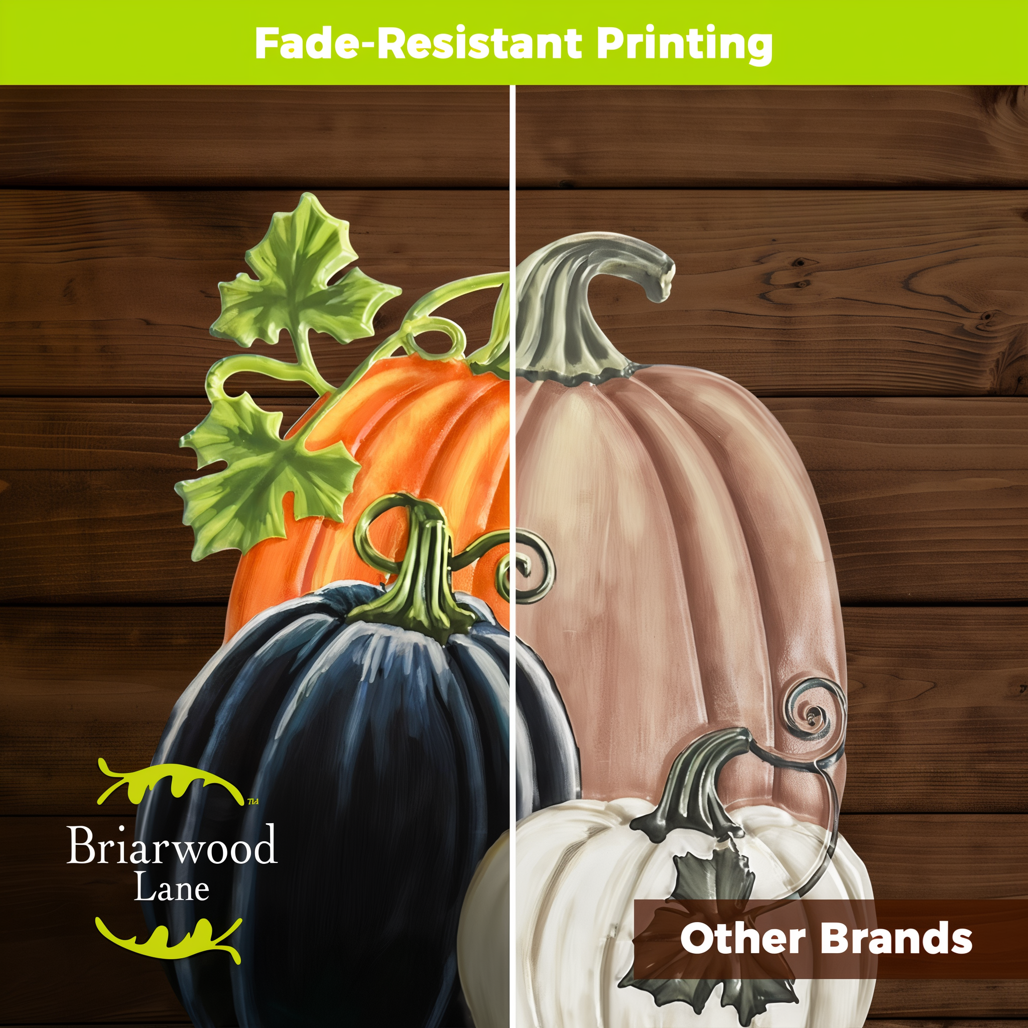 Fade-resistant printing on the Checkered Pumpkins design compared with other brands