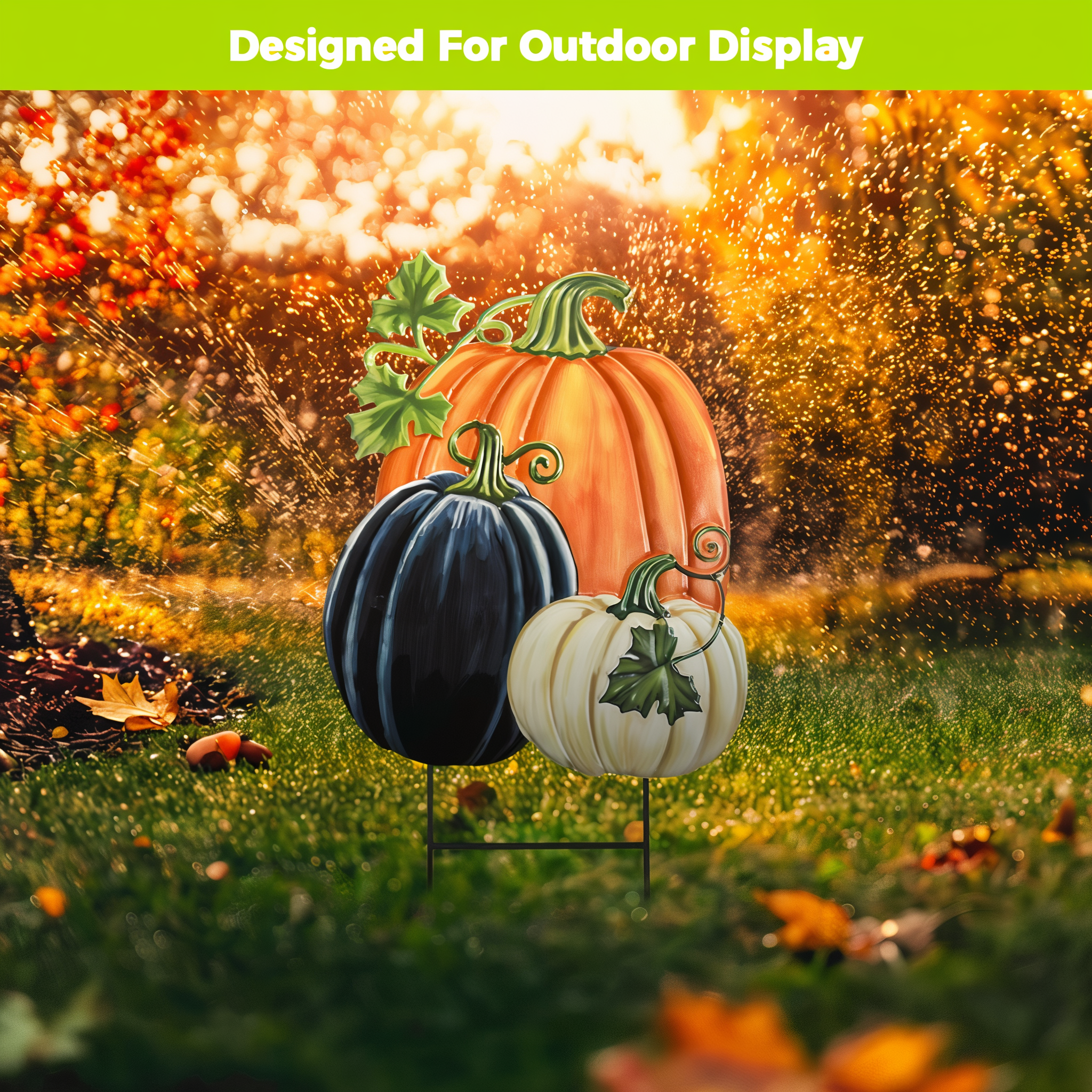 Briarwood Lane Checkered Pumpkins metal yard art staked in a lawn at golden hour, designed for outdoor display