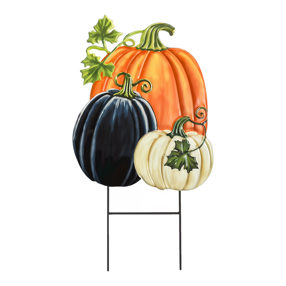 Briarwood Lane Checkered Pumpkins Fall Decorative Sculpted Metal Art -- a pumpkin trio in checkered orange, black, and cream with curling vines