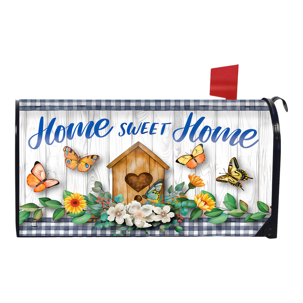 Briarwood Lane Country Home Sweet Home Mailbox Cover -- magnetic mailbox cover shown on a standard steel mailbox