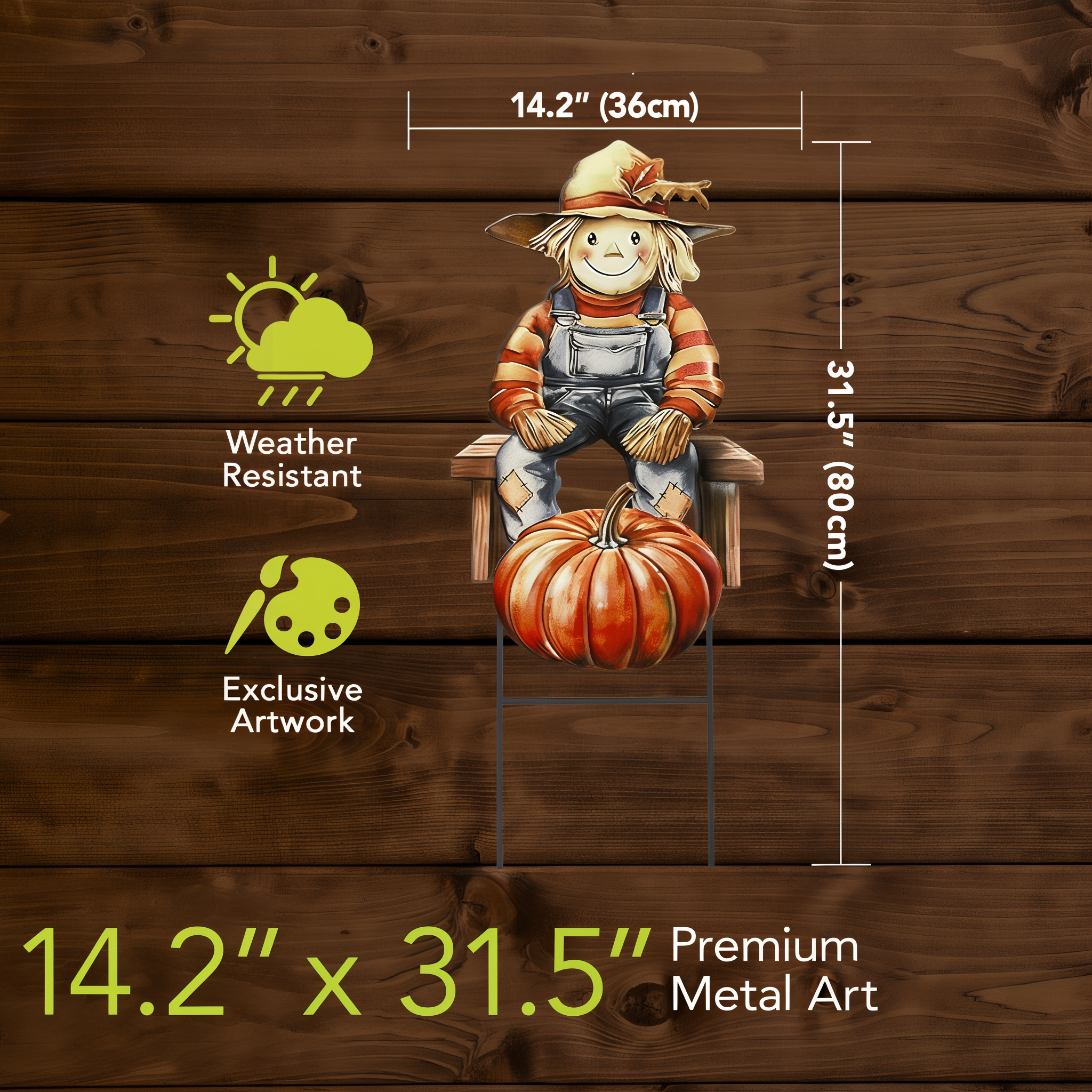 Measured dimensions of the Country Scarecrow sculpted metal art on wood background