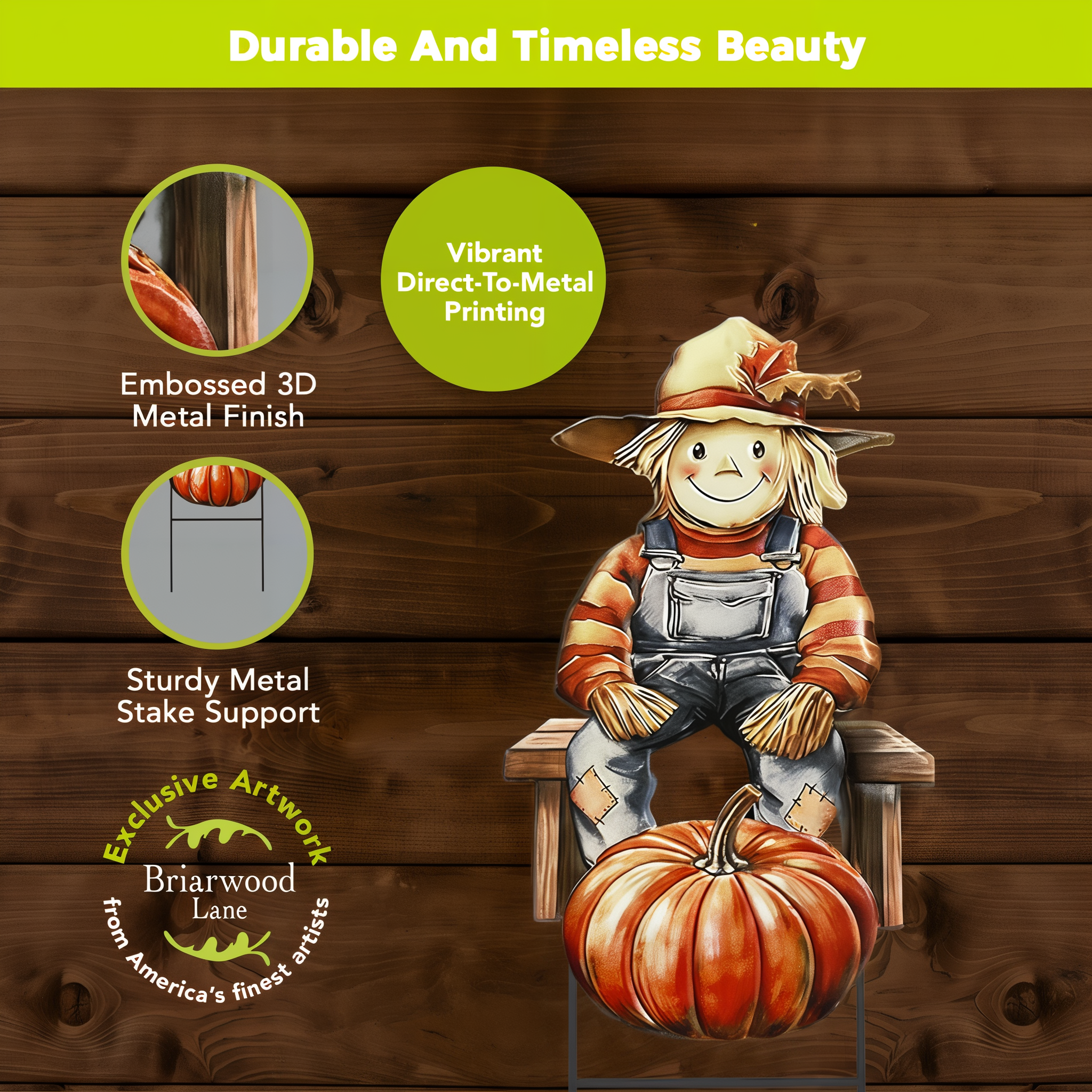 Embossed 3D metal finish, vibrant direct-to-metal printing, and sturdy stake support