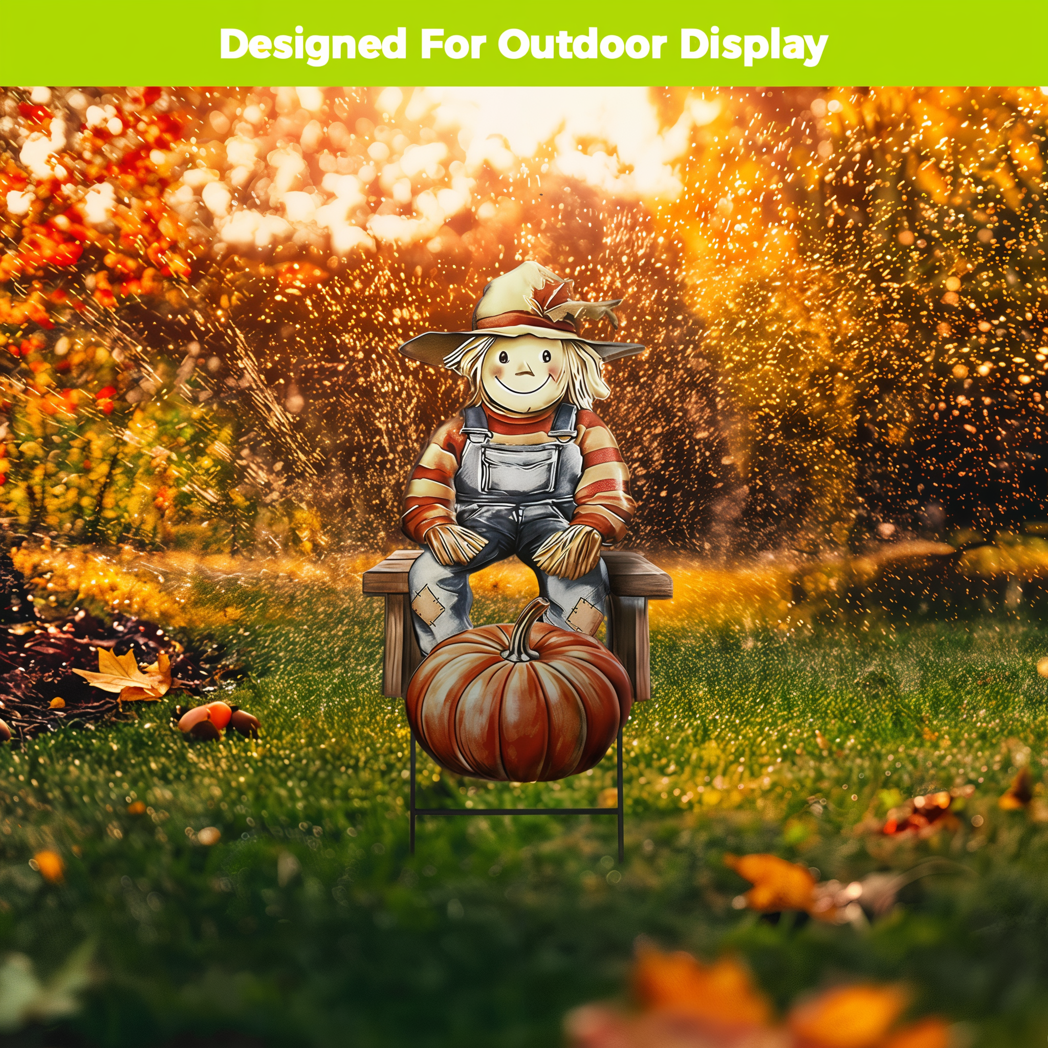 Briarwood Lane Country Scarecrow metal yard art staked in a lawn at golden hour, designed for outdoor display