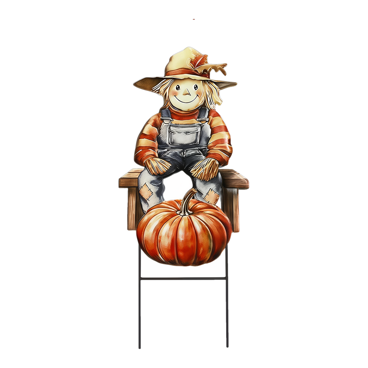 Briarwood Lane Country Scarecrow Metal Art -- a smiling scarecrow in patched overalls seated on a bench with a pumpkin