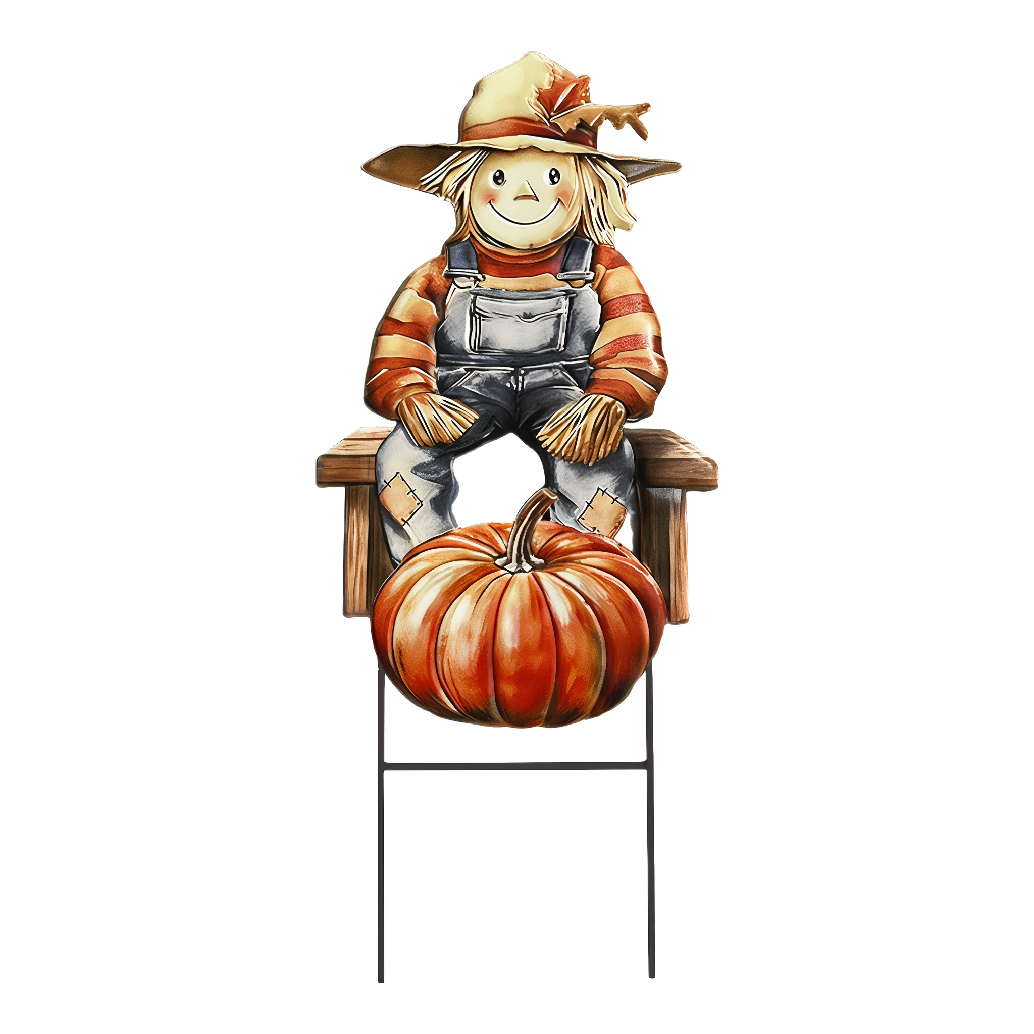 Briarwood Lane Country Scarecrow sculpted metal yard art -- smiling scarecrow in patched overalls seated on a bench with a pumpkin