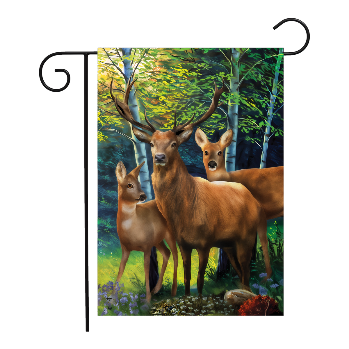 Briarwood Lane Deer Family Flag Garden Flag -- garden flag shown on a garden flag stand