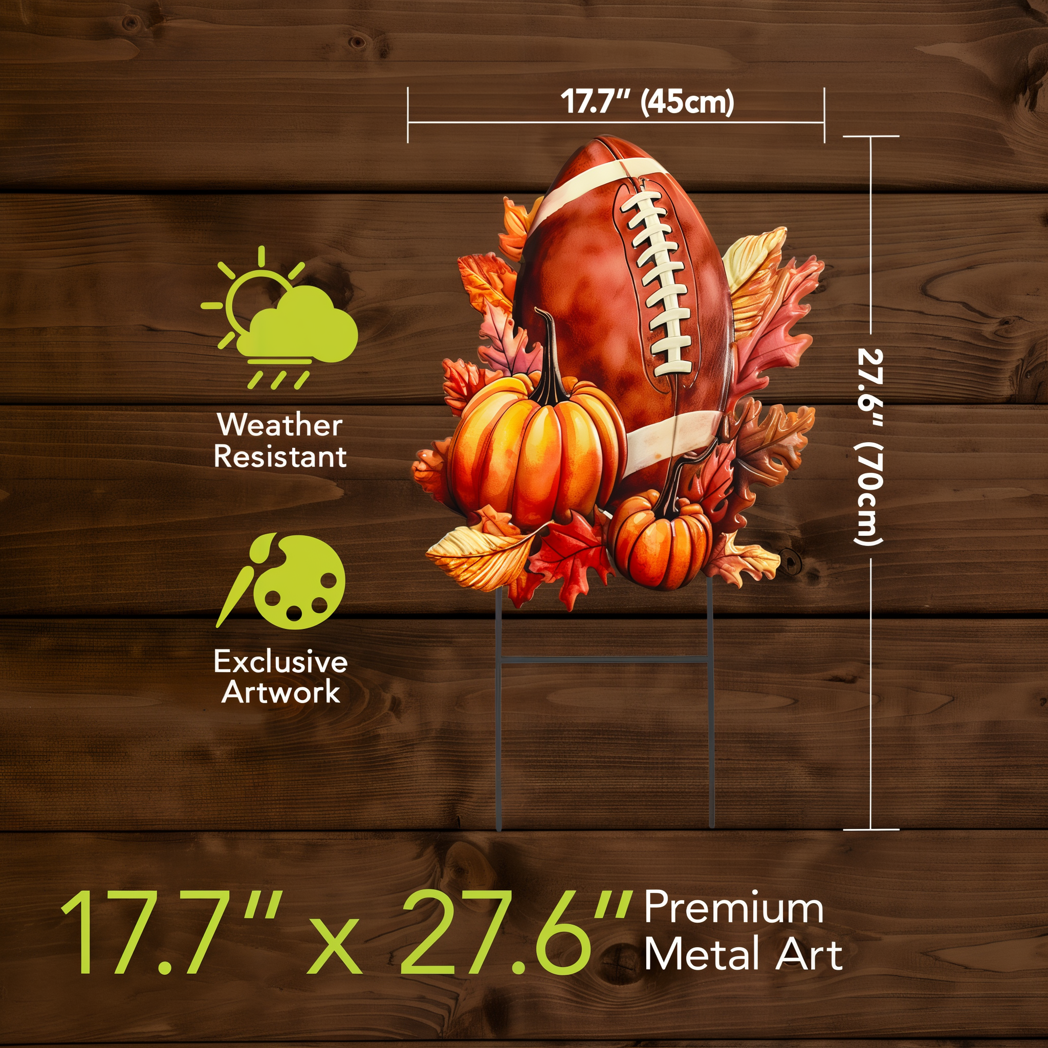 Measured dimensions of the Fall and Football sculpted metal art on wood background
