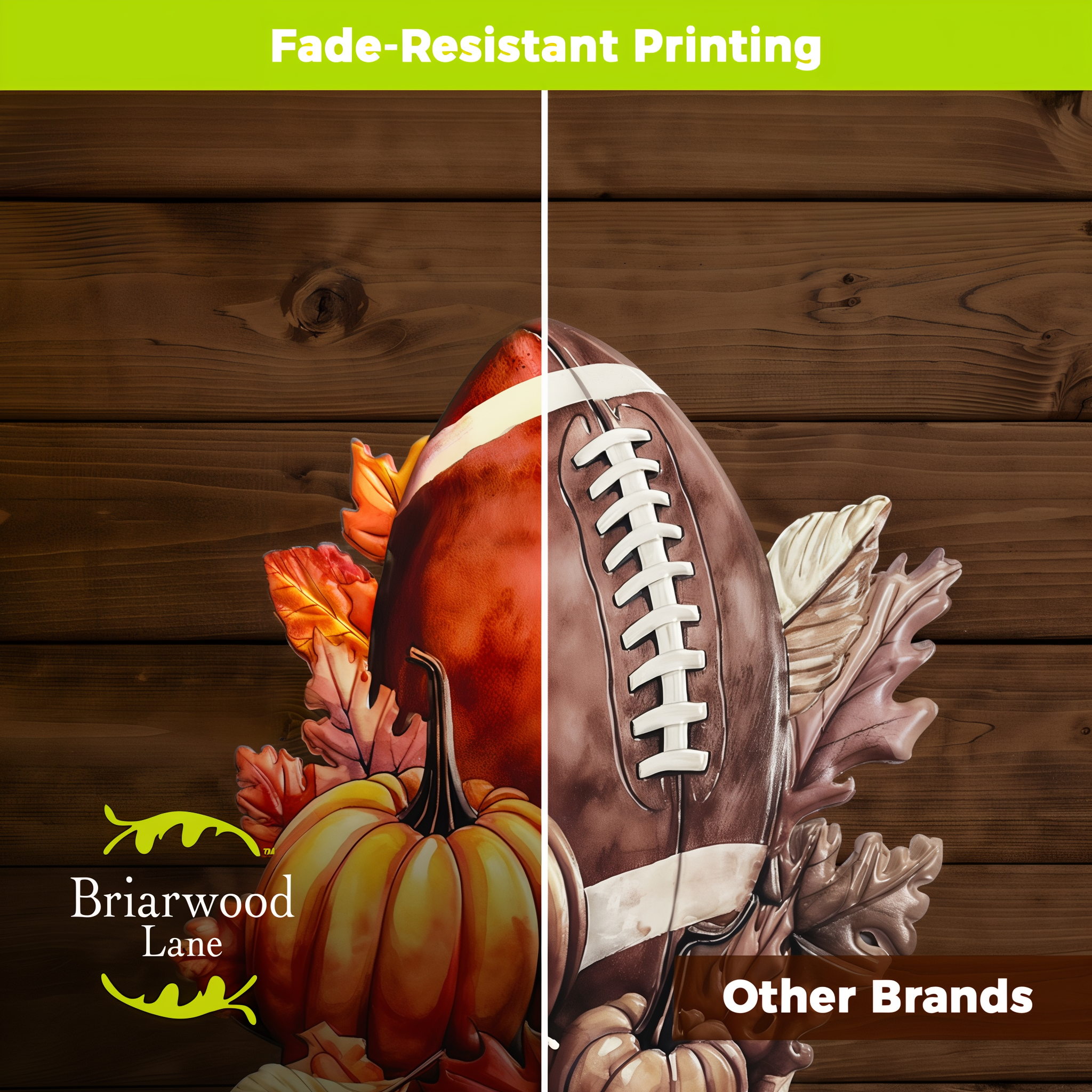 Fade-resistant printing on the Fall and Football design compared with other brands