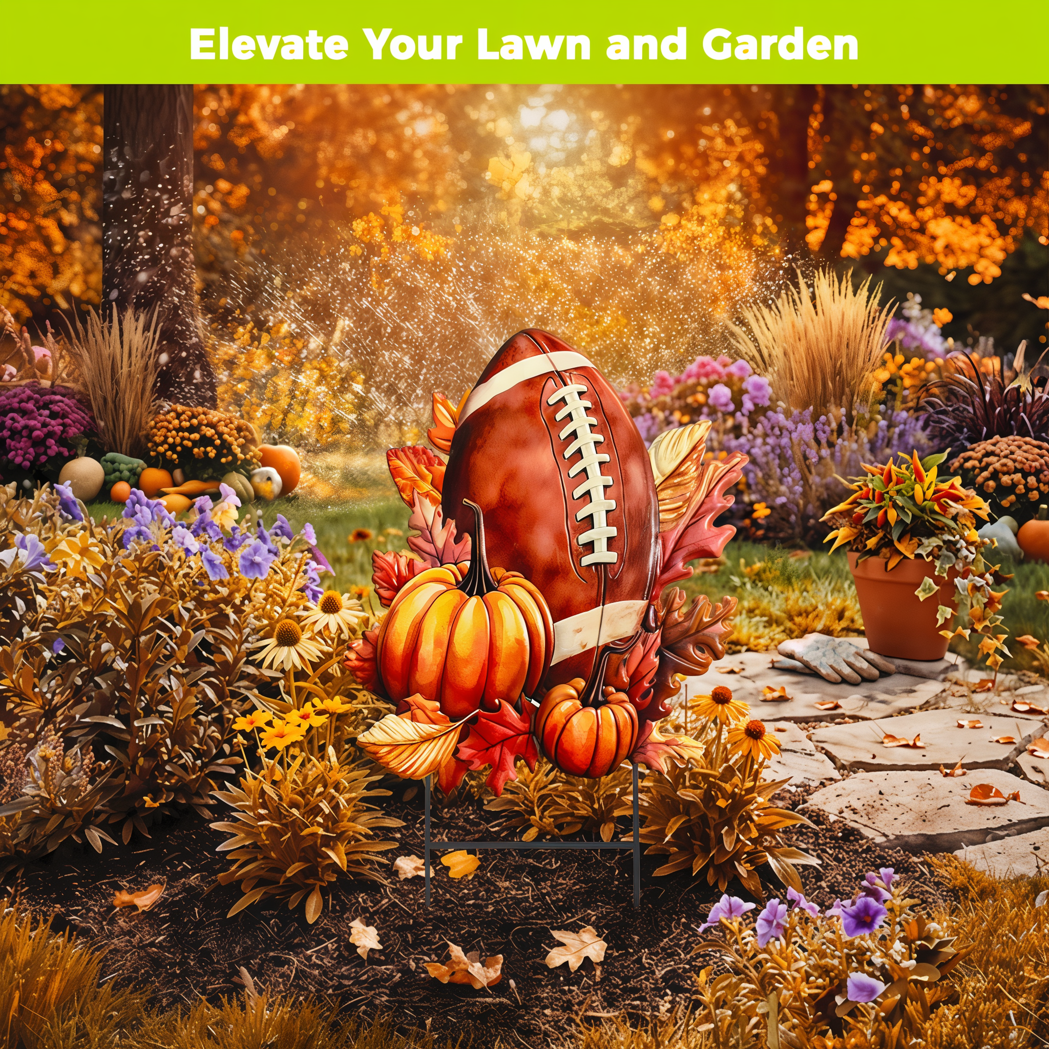 Briarwood Lane Fall and Football metal yard art displayed in an autumn garden