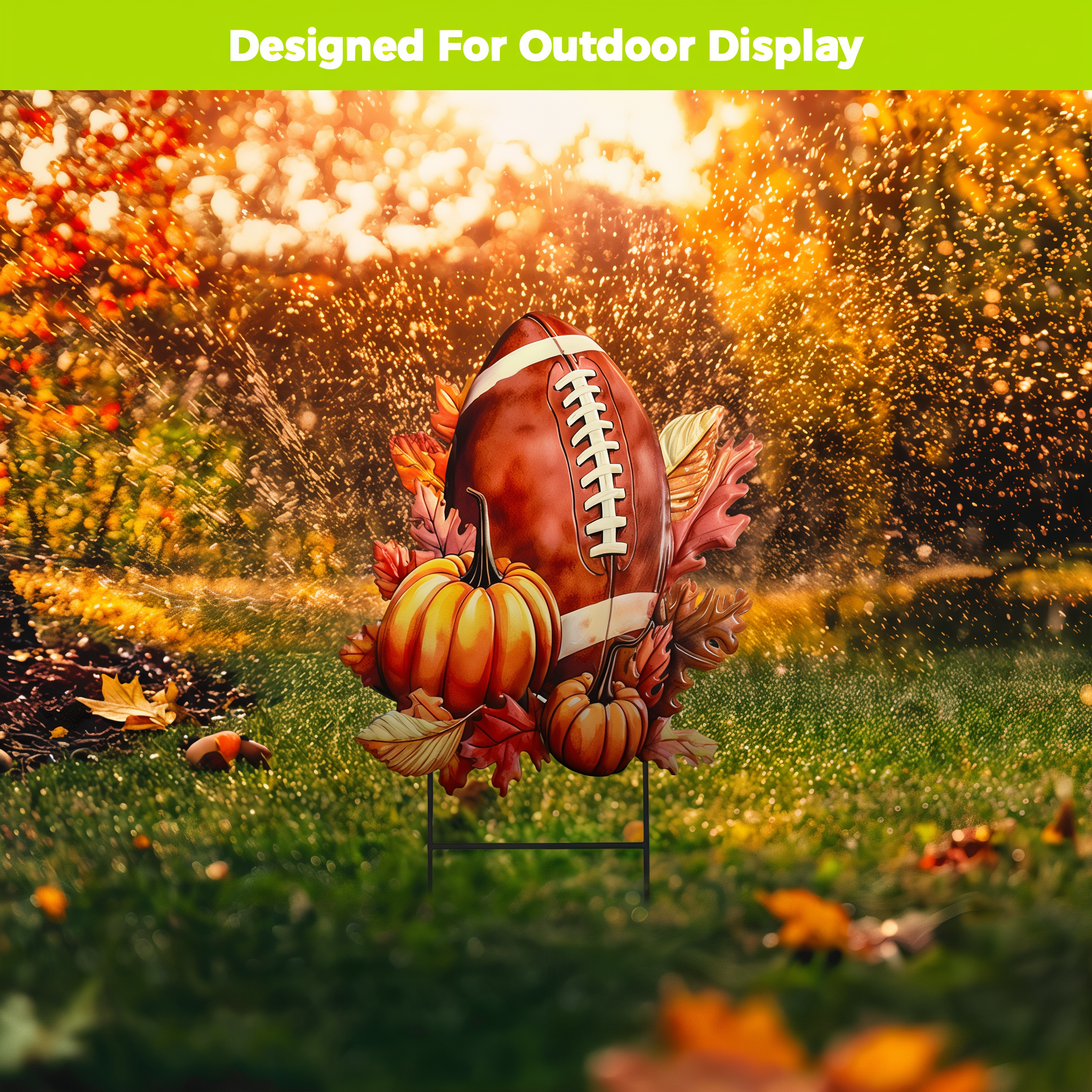 Briarwood Lane Fall and Football metal yard art staked in a lawn at golden hour, designed for outdoor display