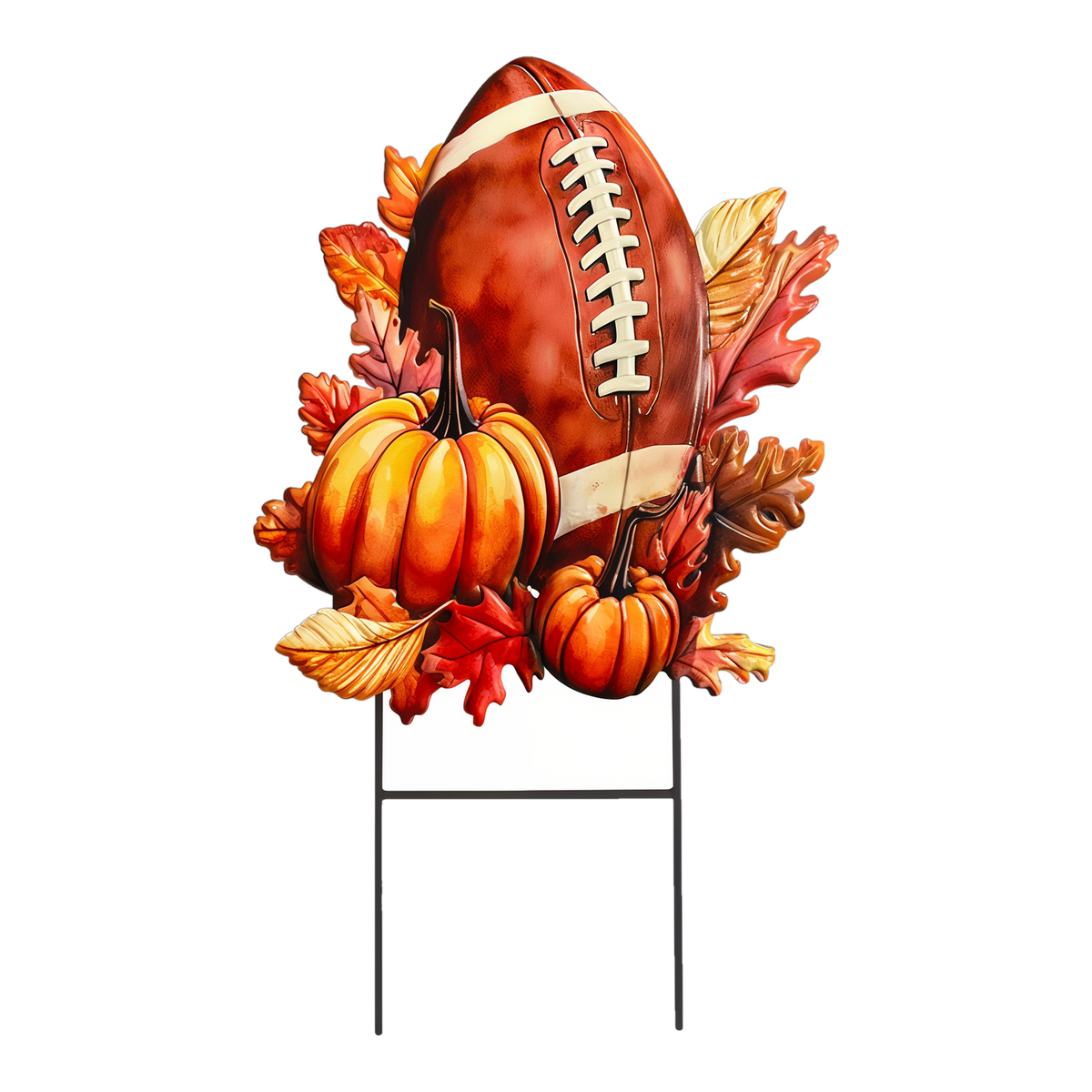 Briarwood Lane Fall and Football Sculpted Metal Art -- a sculpted metal football nestled in autumn leaves with orange pumpkins