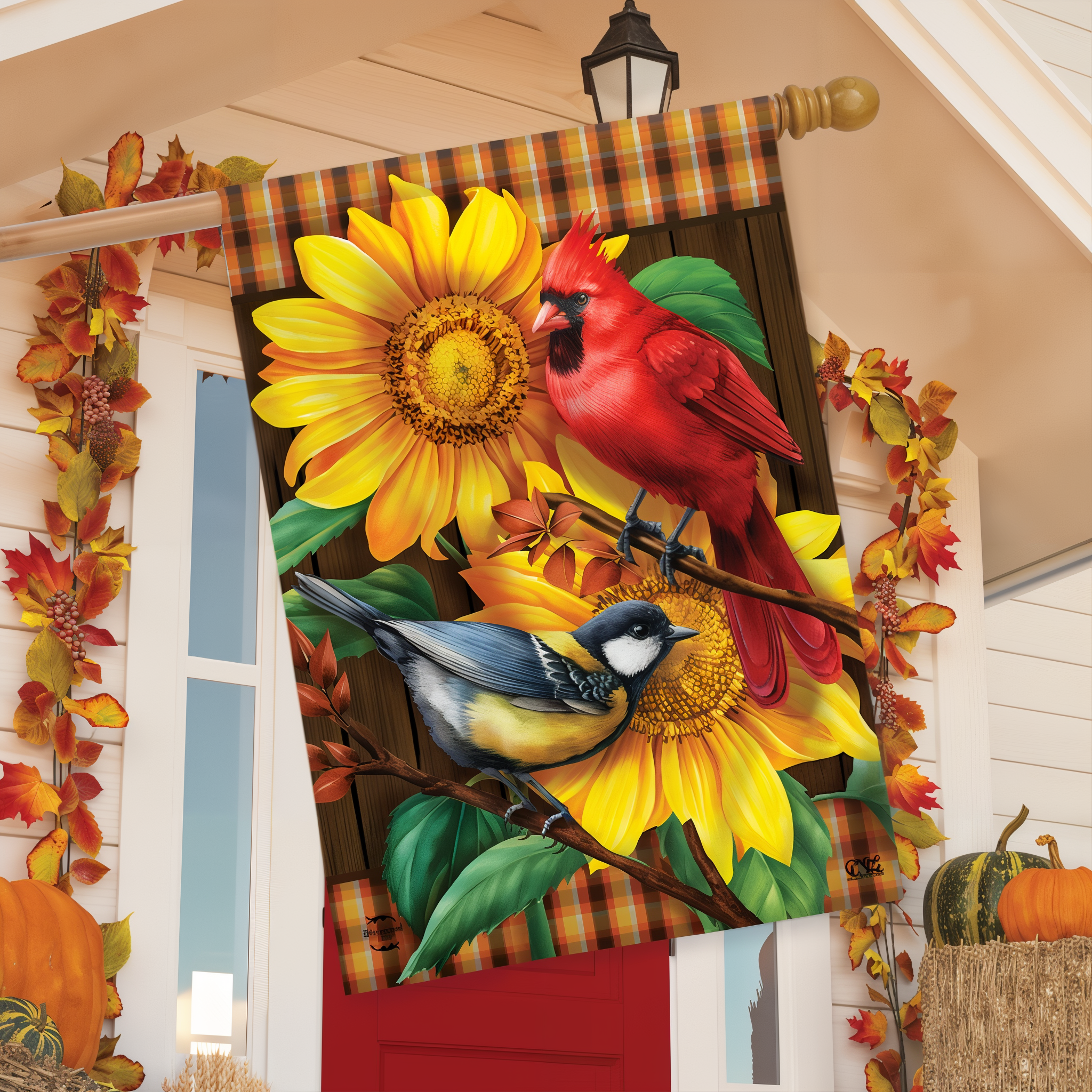 Briarwood Lane Fall Birds And Sunflowers House Flag -- detail view