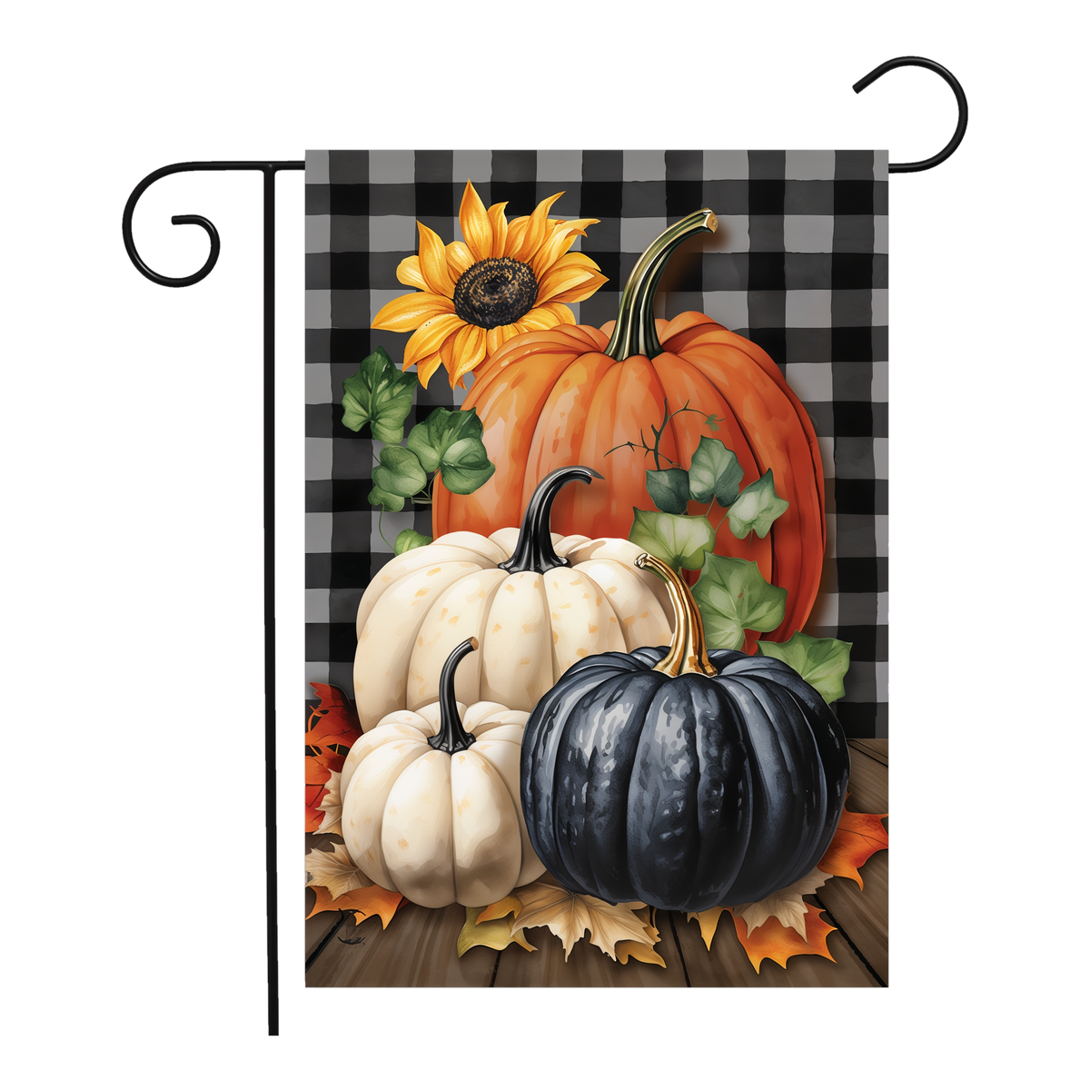 Briarwood Lane Fall Checkered Pumpkins Garden Flag -- garden flag shown on a garden flag stand