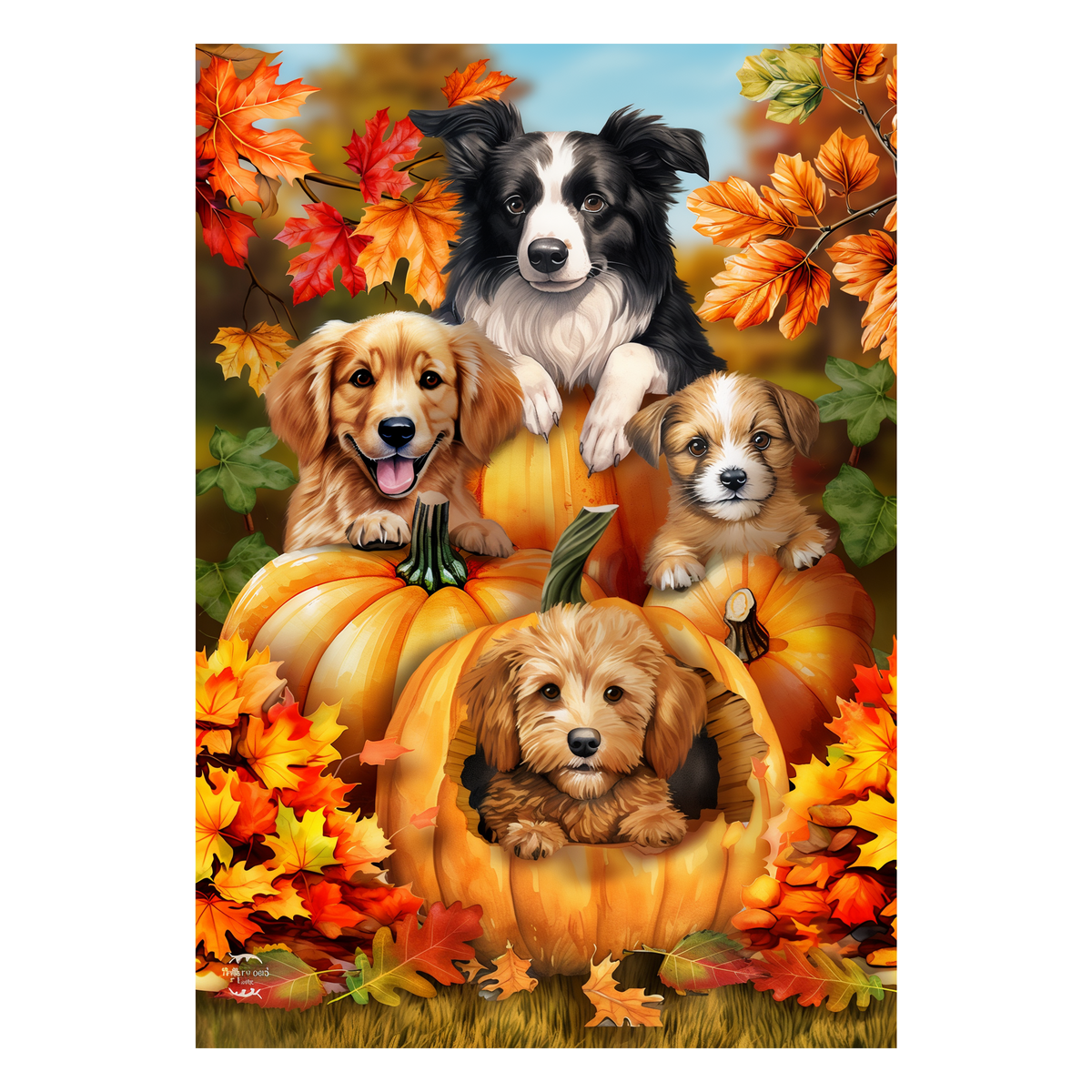 Briarwood Lane Fall Pumpkin Puppies Garden Flag -- artwork detail view