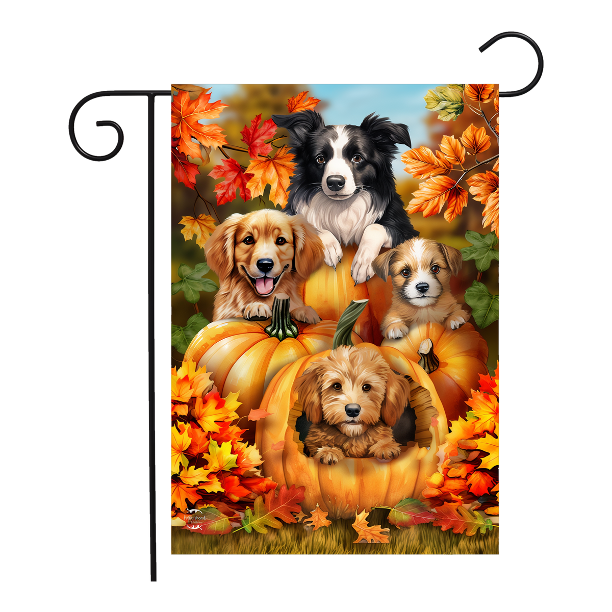 Briarwood Lane Fall Pumpkin Puppies Garden Flag -- garden flag shown on a garden flag stand