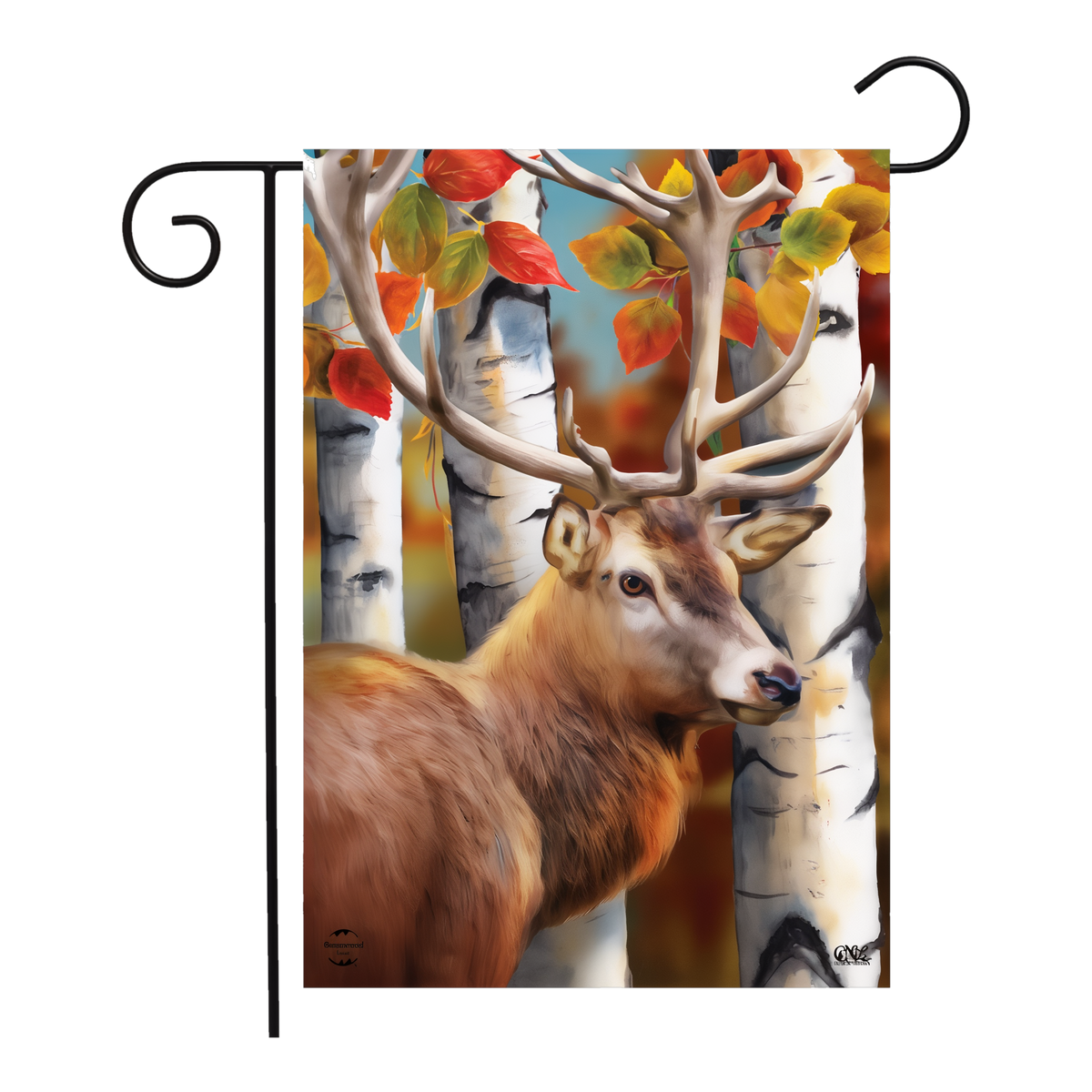 Briarwood Lane Forest Deer Fall Garden Flag -- garden flag shown on a garden flag stand