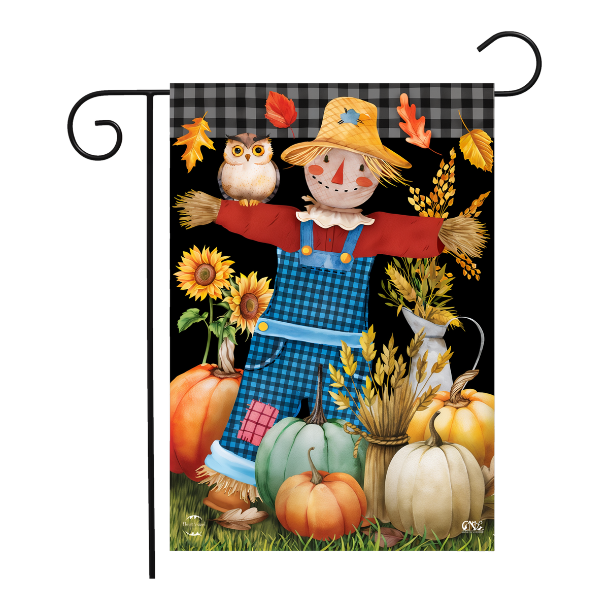 Briarwood Lane Friendly Scarecrow Autumn Garden Flag -- garden flag shown on a garden flag stand