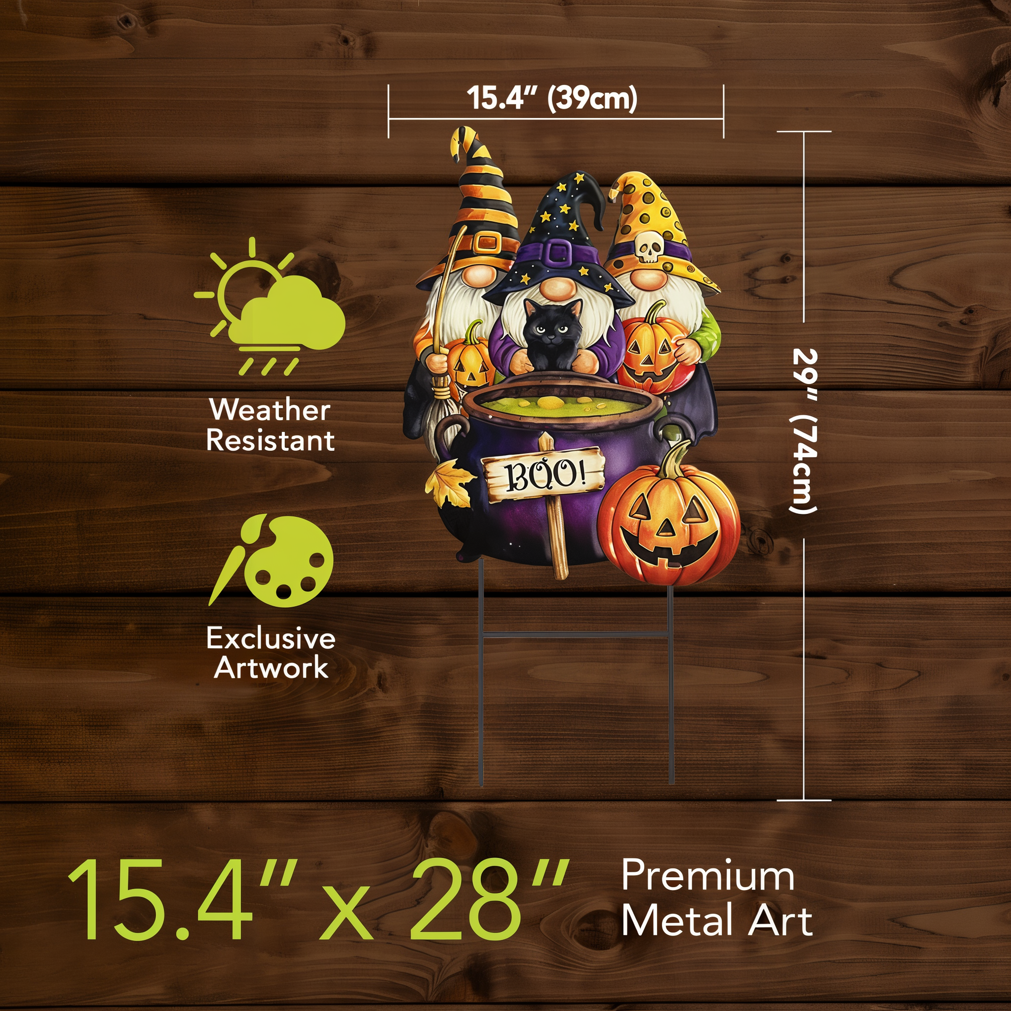 Measured dimensions of the Gnome Witch Trio sculpted metal art on wood background