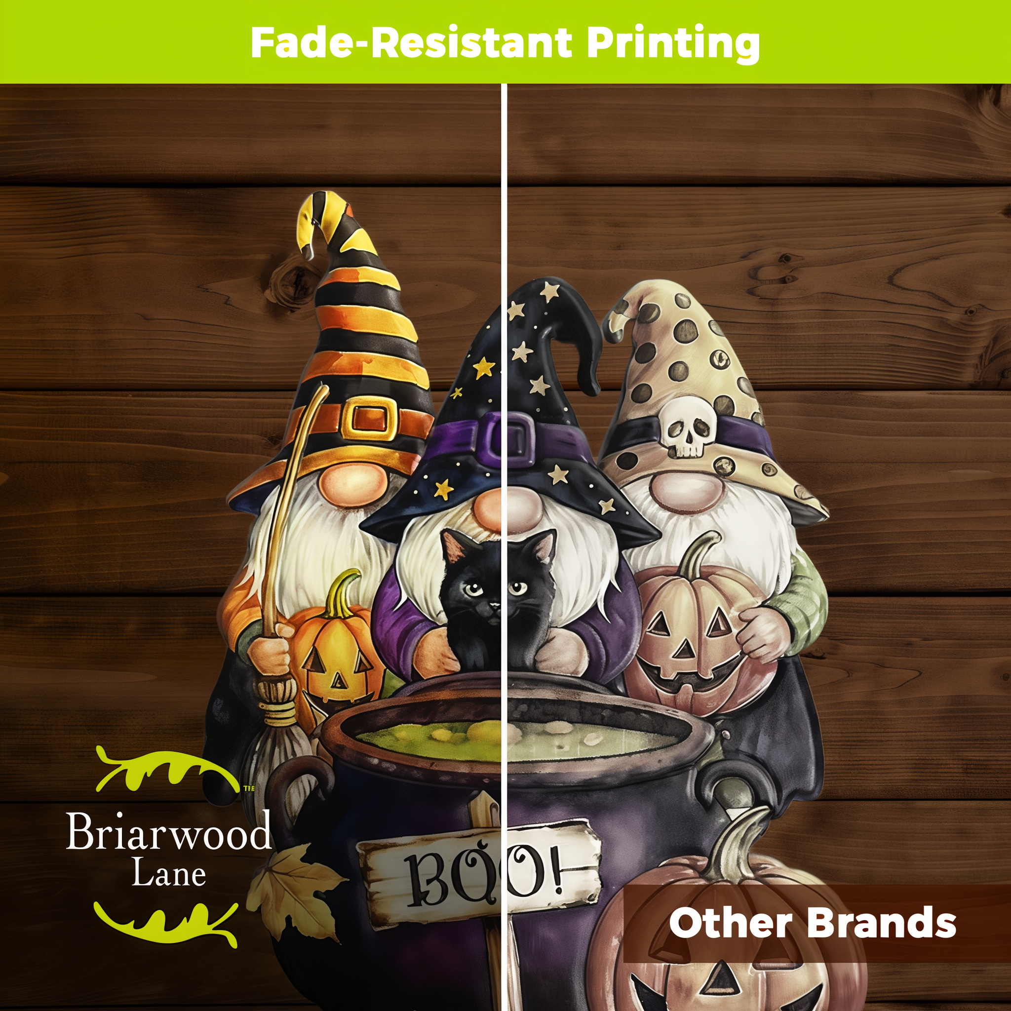 Fade-resistant printing on the Gnome Witch Trio design compared with other brands