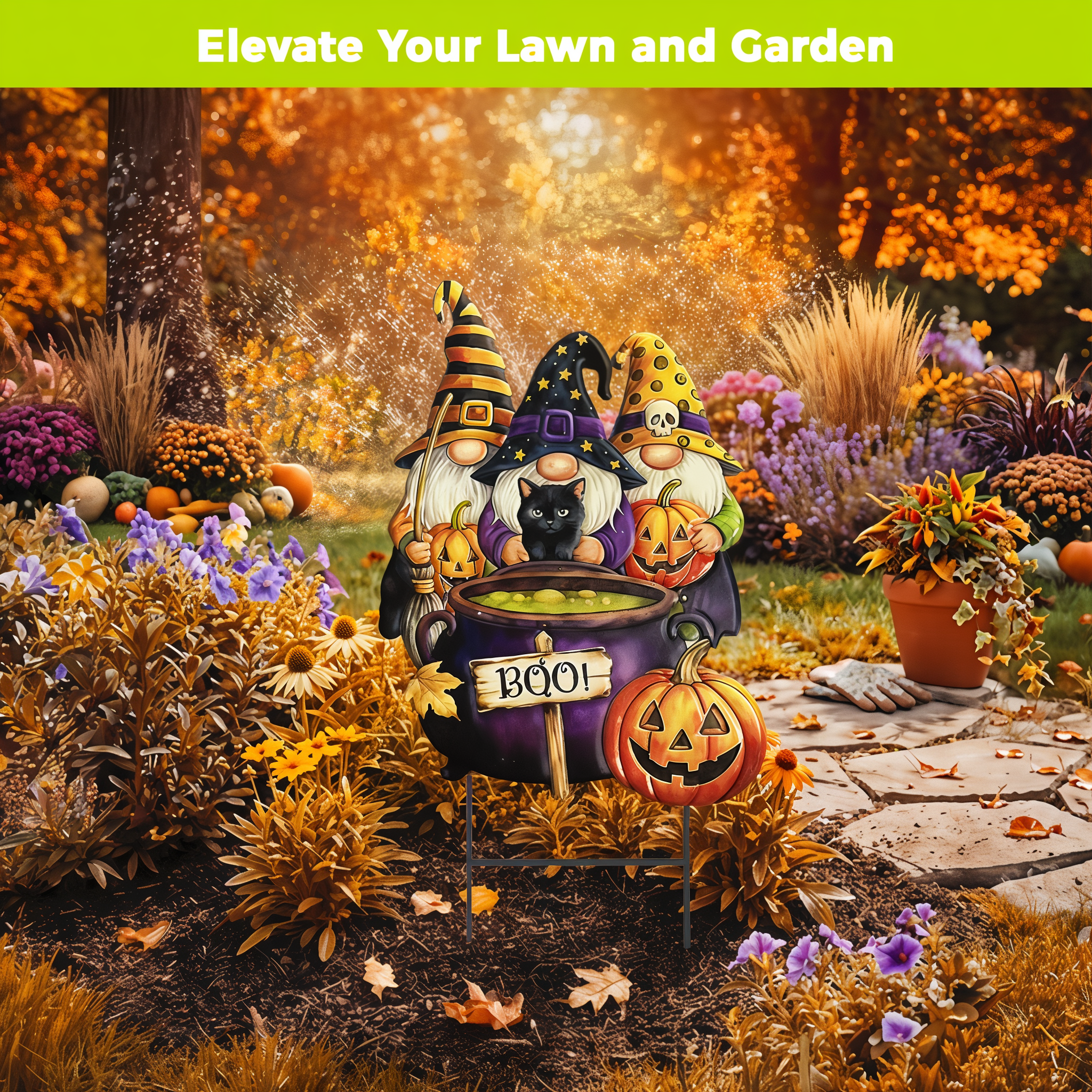 Briarwood Lane Gnome Witch Trio metal yard art displayed in an autumn garden