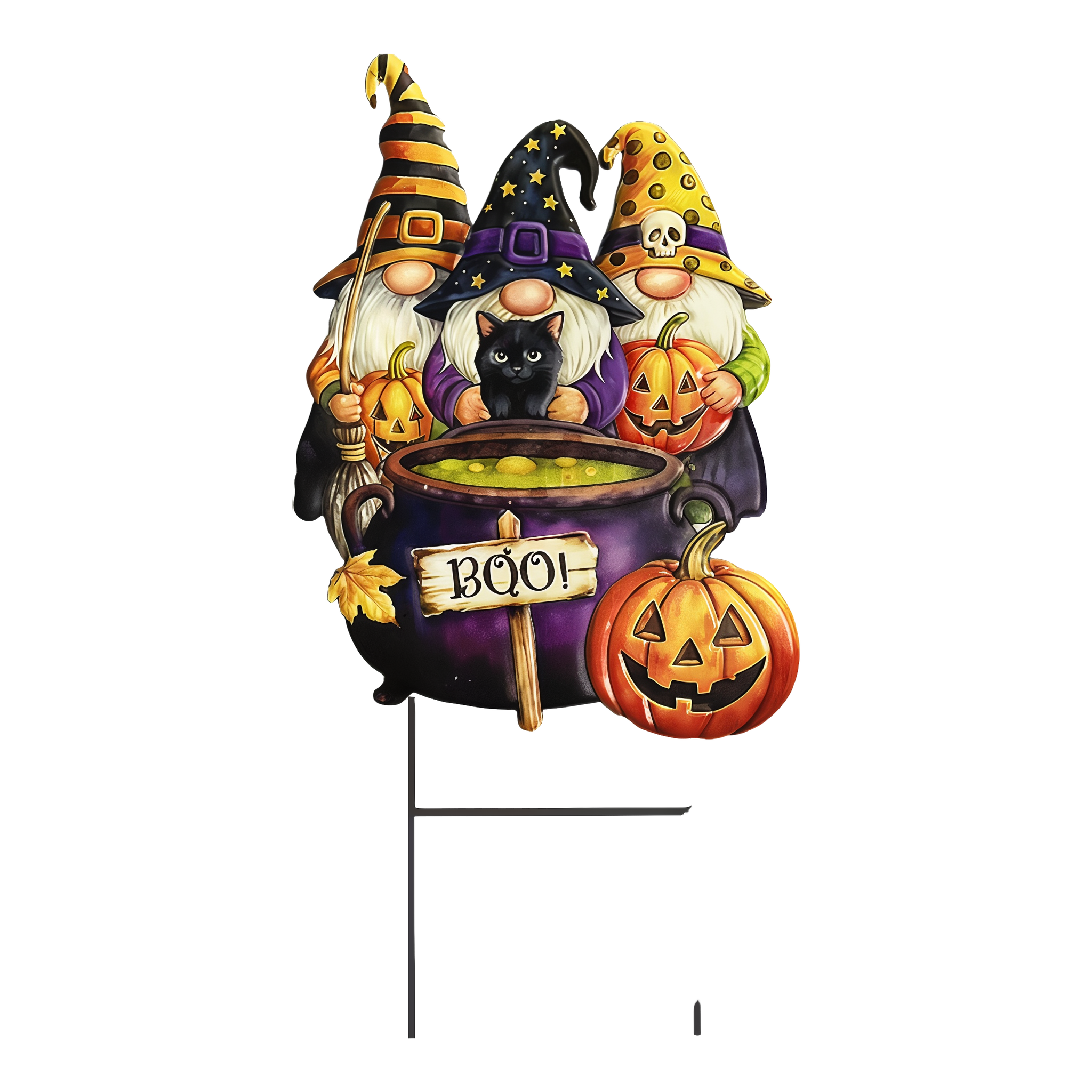 Briarwood Lane Gnome Witch Trio sculpted metal yard art -- three witch gnomes around a bubbling cauldron with a black cat and jack-o'-lanterns