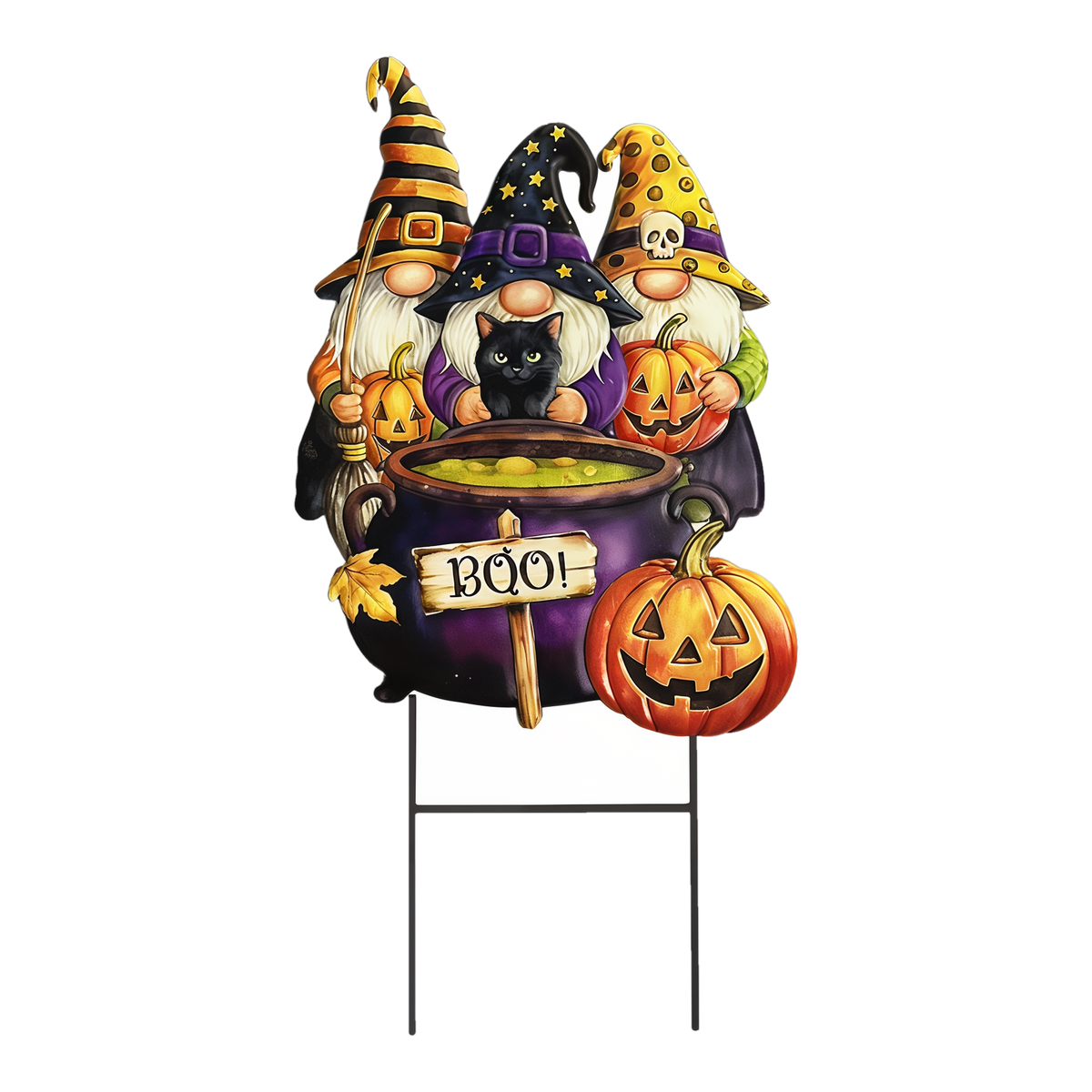 Briarwood Lane Gnome Witch Trio Metal Art -- three witch gnomes around a bubbling cauldron with a black cat and jack-o'-lanterns