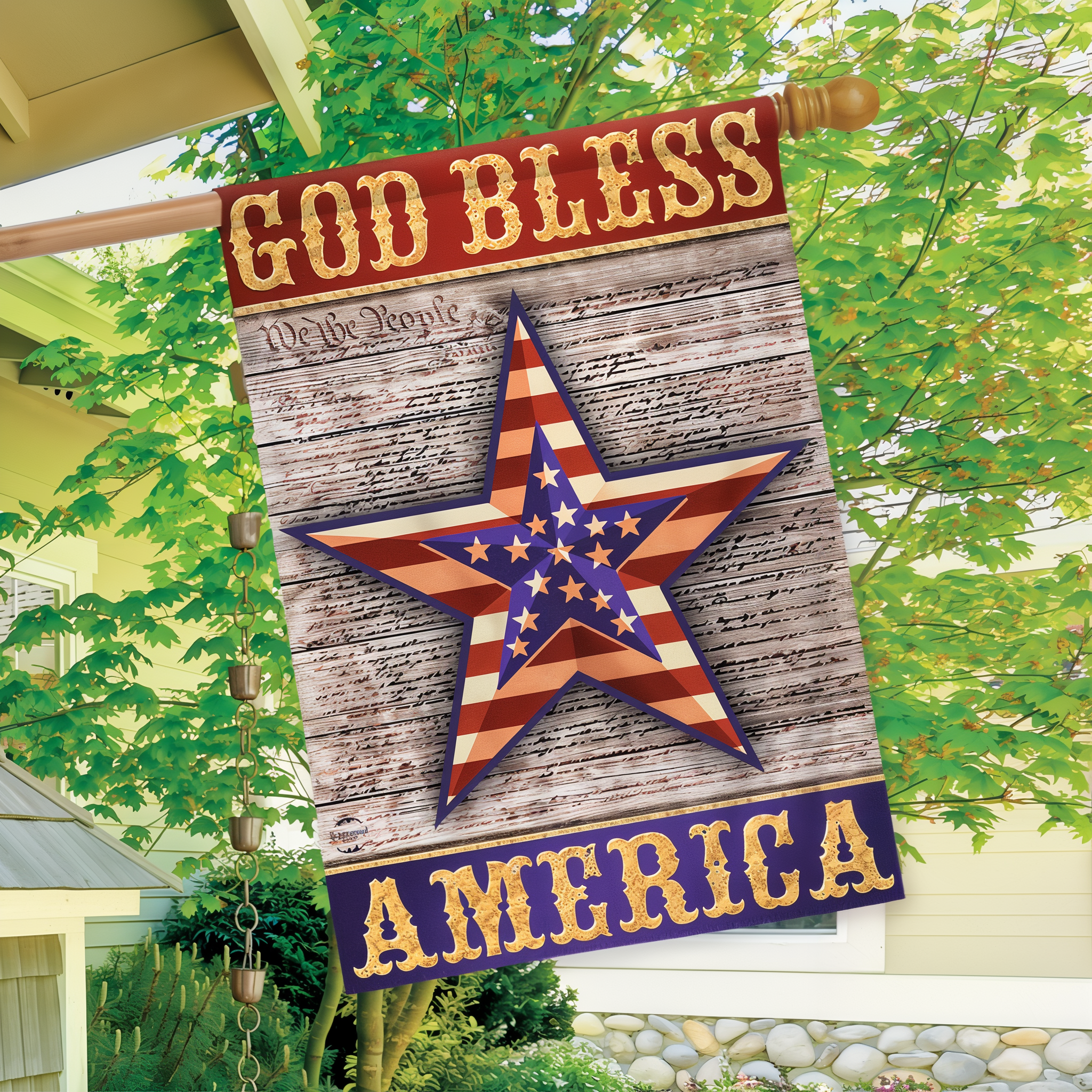 Briarwood Lane God Bless America Star Patriotic House Flag -- detail view
