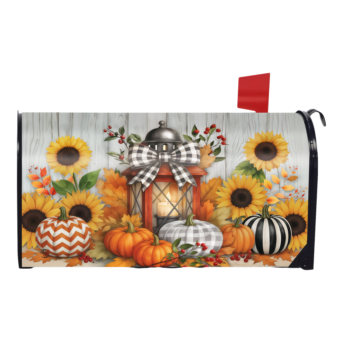 Briarwood Lane Harvest Lantern Glow Mailbox Cover -- magnetic mailbox cover shown on a standard steel mailbox