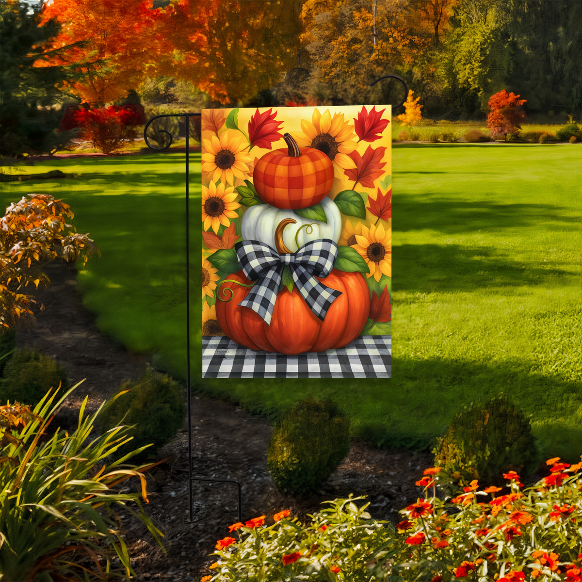Briarwood Lane Harvest Pumpkin Stack Flag Garden Flag -- garden flag displayed outdoors