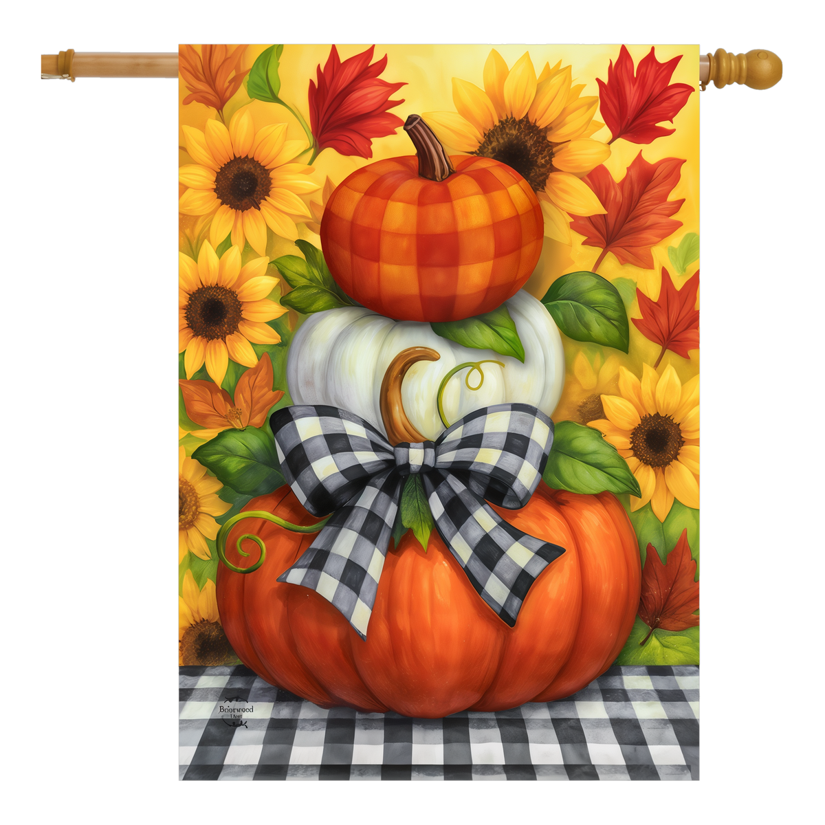 Briarwood Lane Harvest Pumpkin Stack Flag House Flag -- house flag shown on a house flag pole