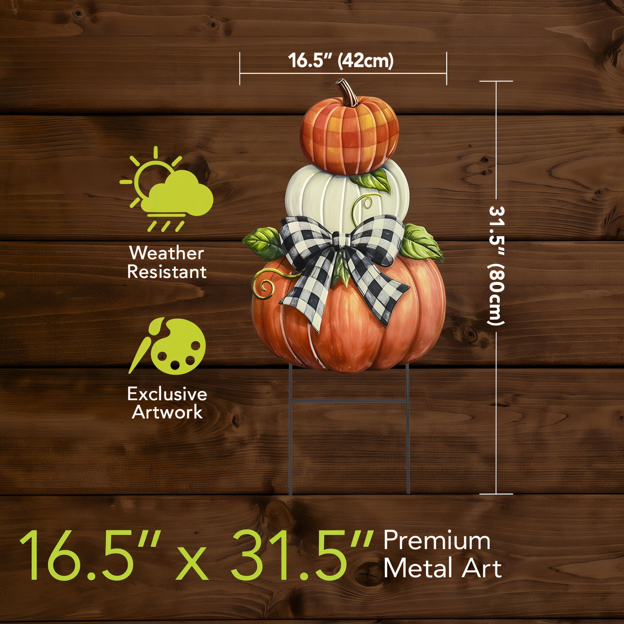 Measured dimensions of the Harvest Pumpkin Stack sculpted metal art on wood background