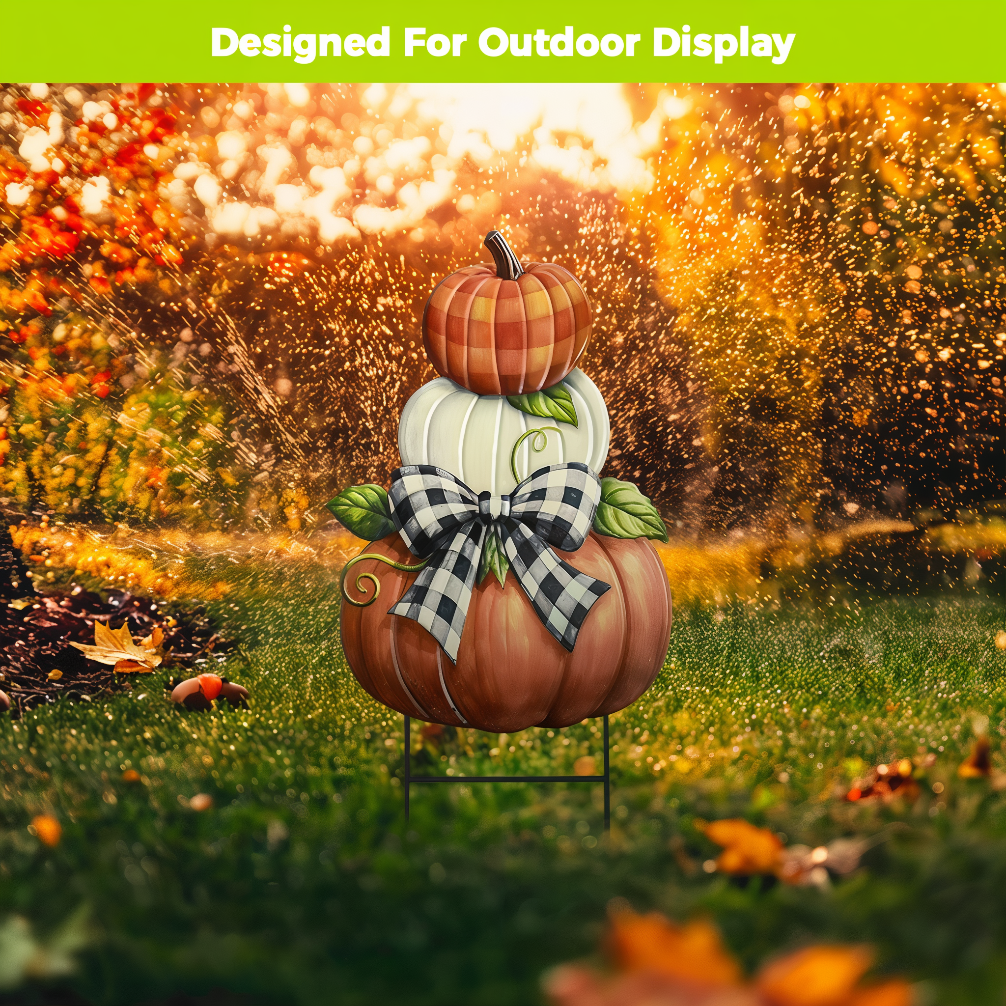 Briarwood Lane Harvest Pumpkin Stack metal yard art staked in a lawn at golden hour, designed for outdoor display