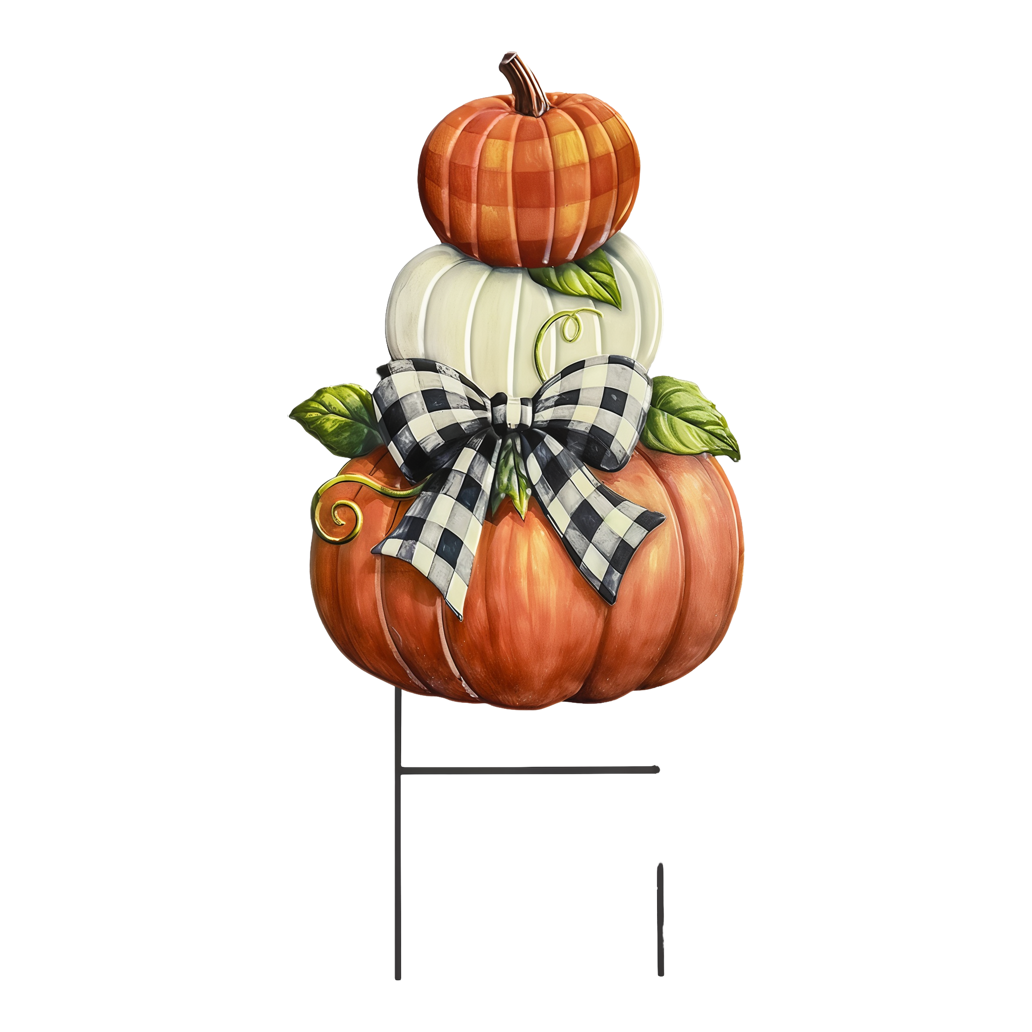 Briarwood Lane Harvest Pumpkin Stack sculpted metal yard art -- stacked orange and cream pumpkins tied with a buffalo-check bow