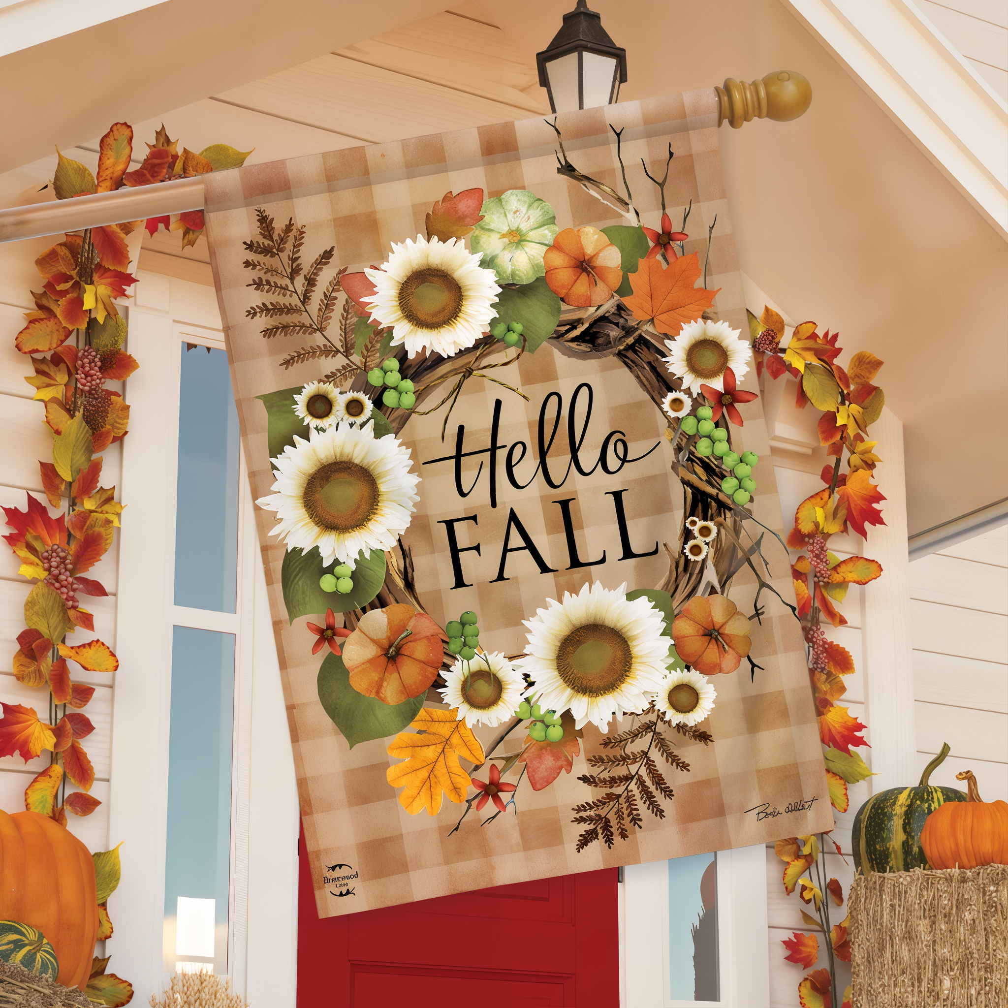 Briarwood Lane Hello Fall Wreath House Flag -- detail view