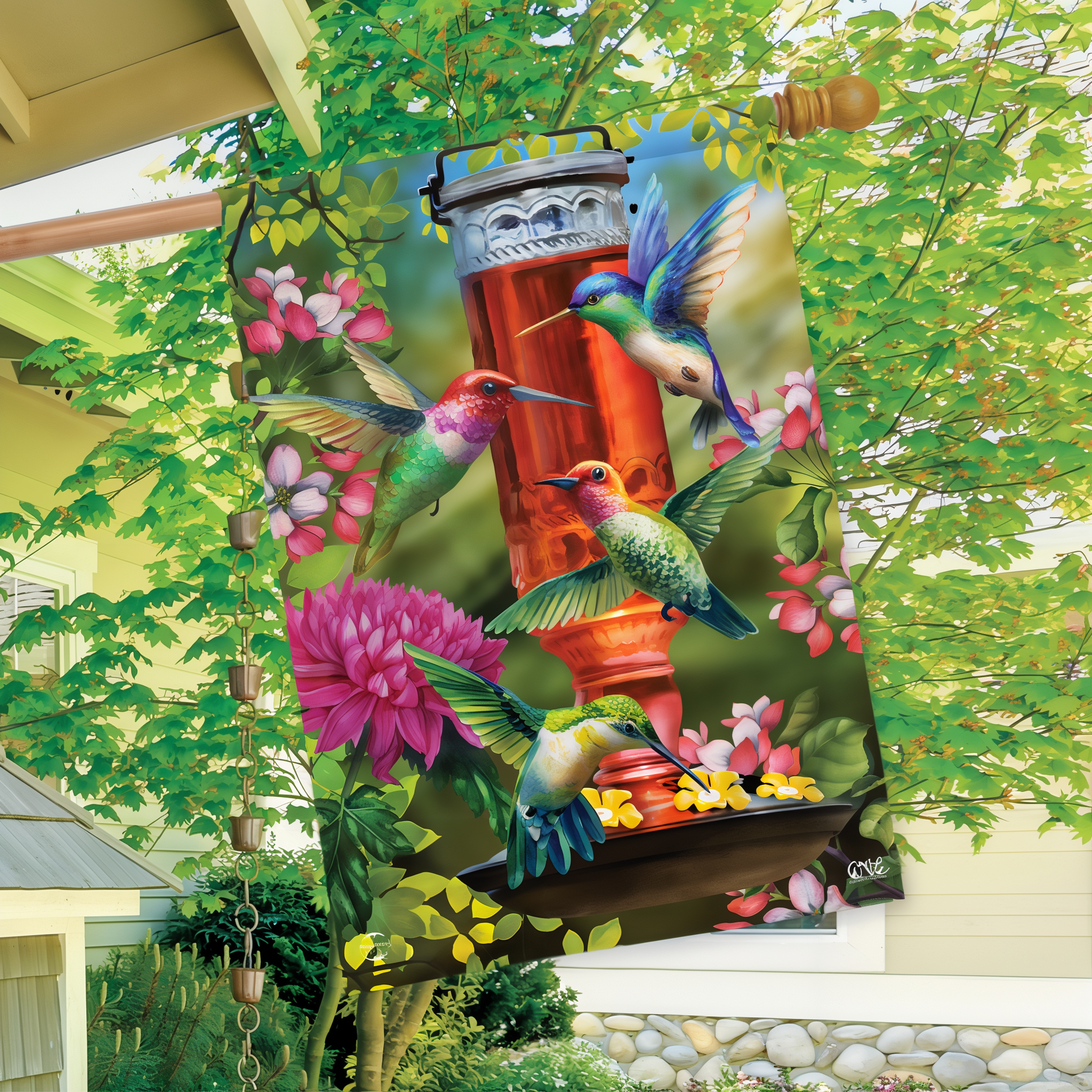 Briarwood Lane Hummingbird Feeder Spring House Flag -- detail view