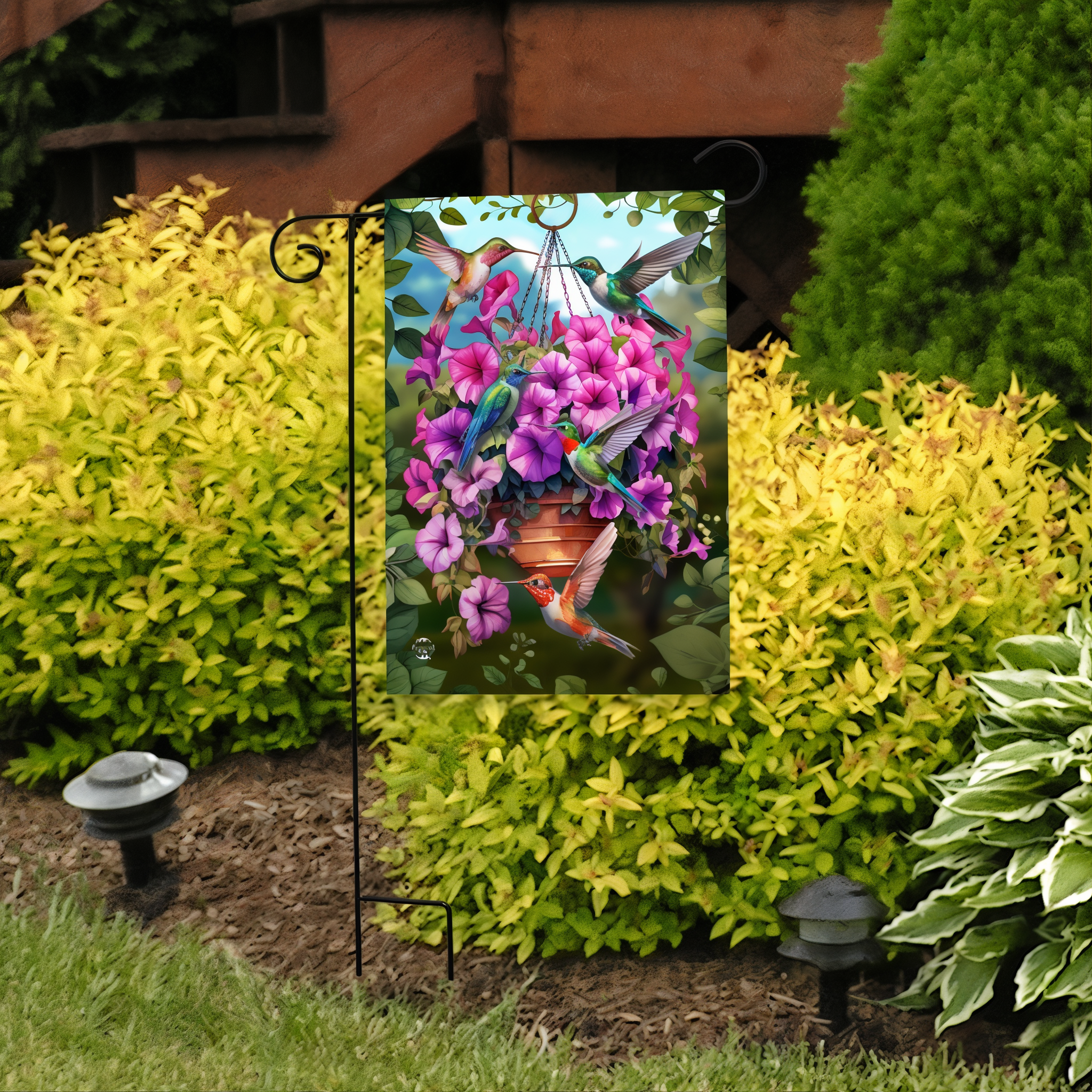 Briarwood Lane Hummingbirds and Petunias Garden Flag -- detail view