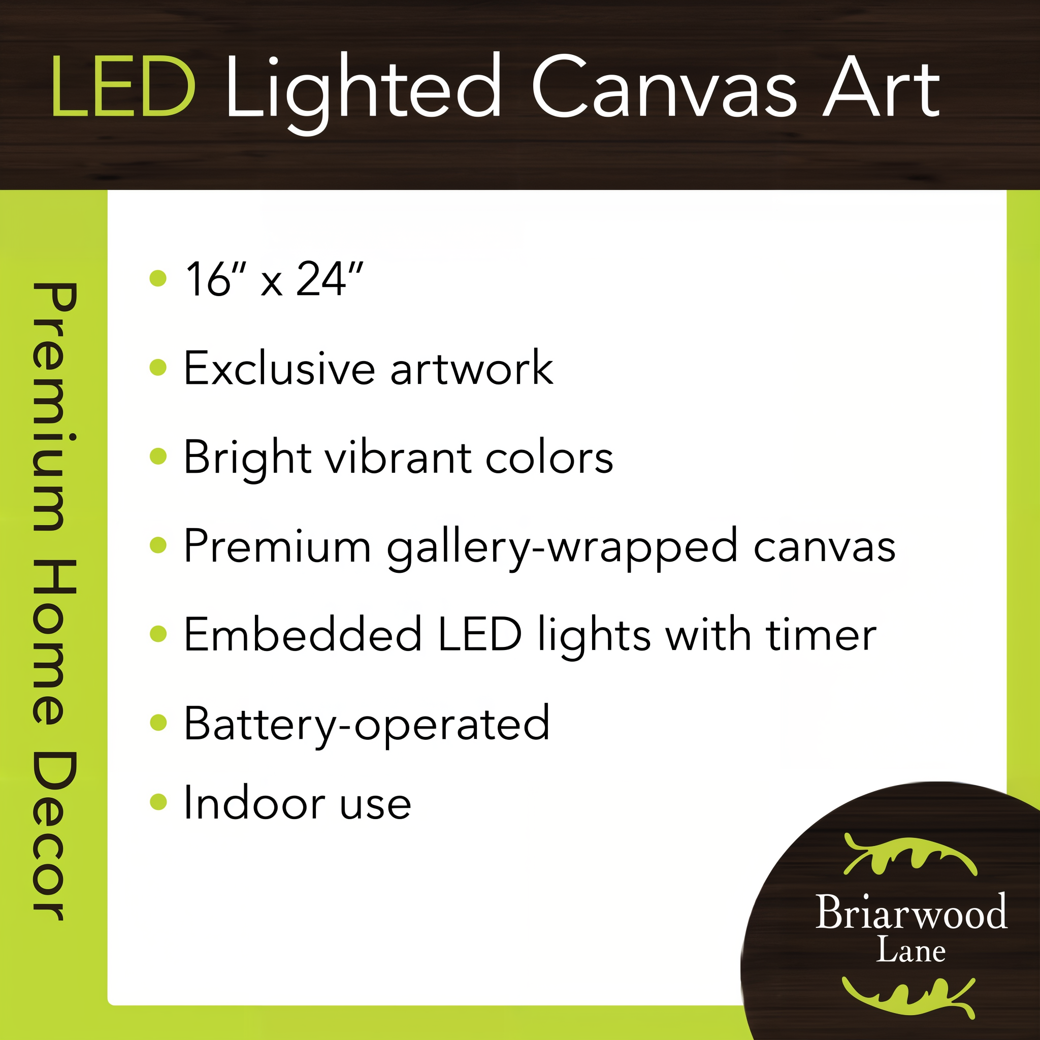 Briarwood Lane LED lighted canvas art features -- gallery-wrapped canvas, embedded battery-operated LED lights with timer